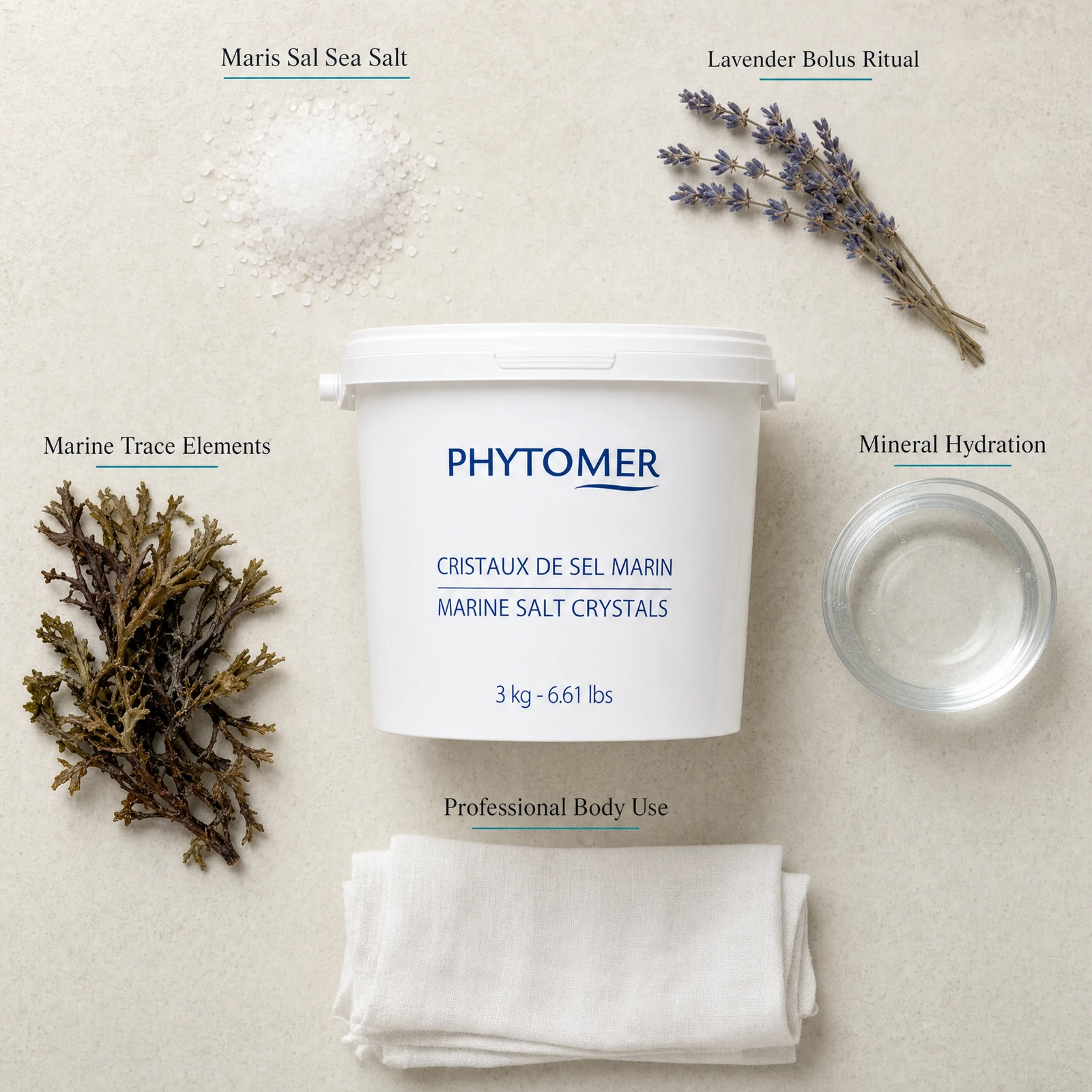 Phytomer Marine Salt Crystals 3kg flatlay on limestone surface with Maris Sal Sea Salt, Lavender Bolus Ritual, Marine Trace Elements, Mineral Hydration, and Professional Body Use