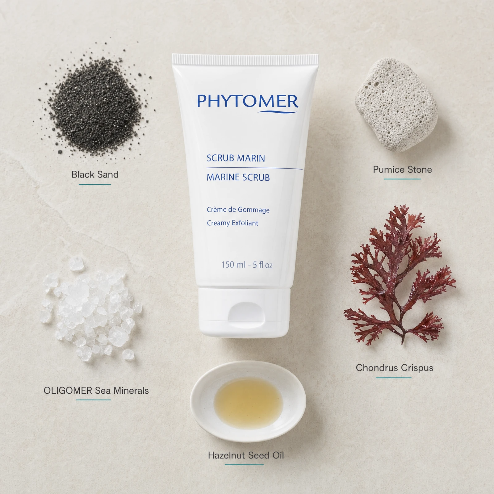 Phytomer Marine Scrub Creamy Exfoliant 150ml flatlay with key ingredients including Black Sand, Pumice Stone, Chondrus Crispus red algae, OLIGOMER Sea Minerals and Hazelnut Seed Oil