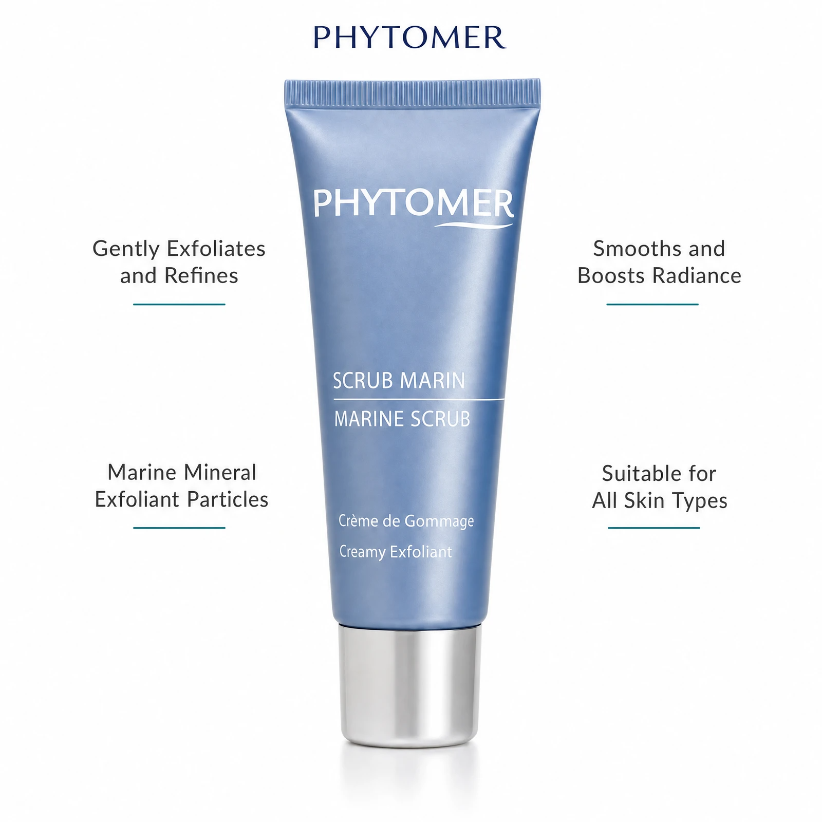 Phytomer Marine Scrub Creamy Exfoliant 50ml with four benefit callouts: Gently Exfoliates and Refines, Marine Mineral Exfoliant Particles, Smooths and Boosts Radiance, Suitable for All Skin Types