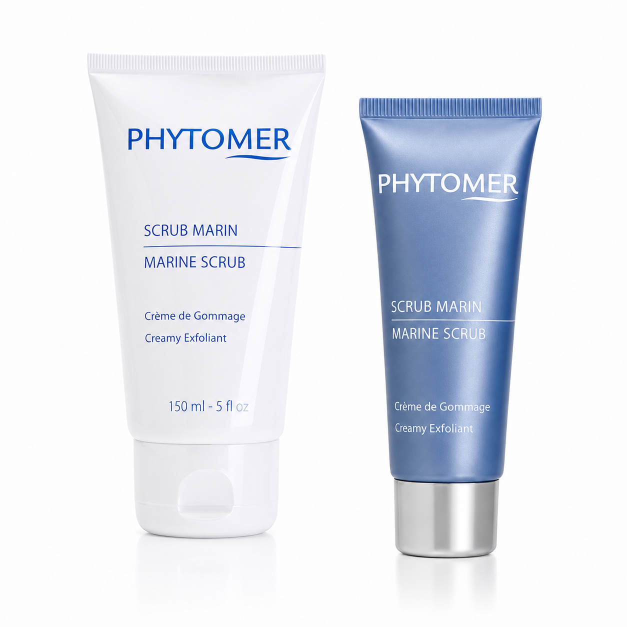 PHYTOMER Marine Scrub Creamy Exfoliant duo featuring the 50ml retail tube and 150ml professional treatment tube displayed together on a clean white background.