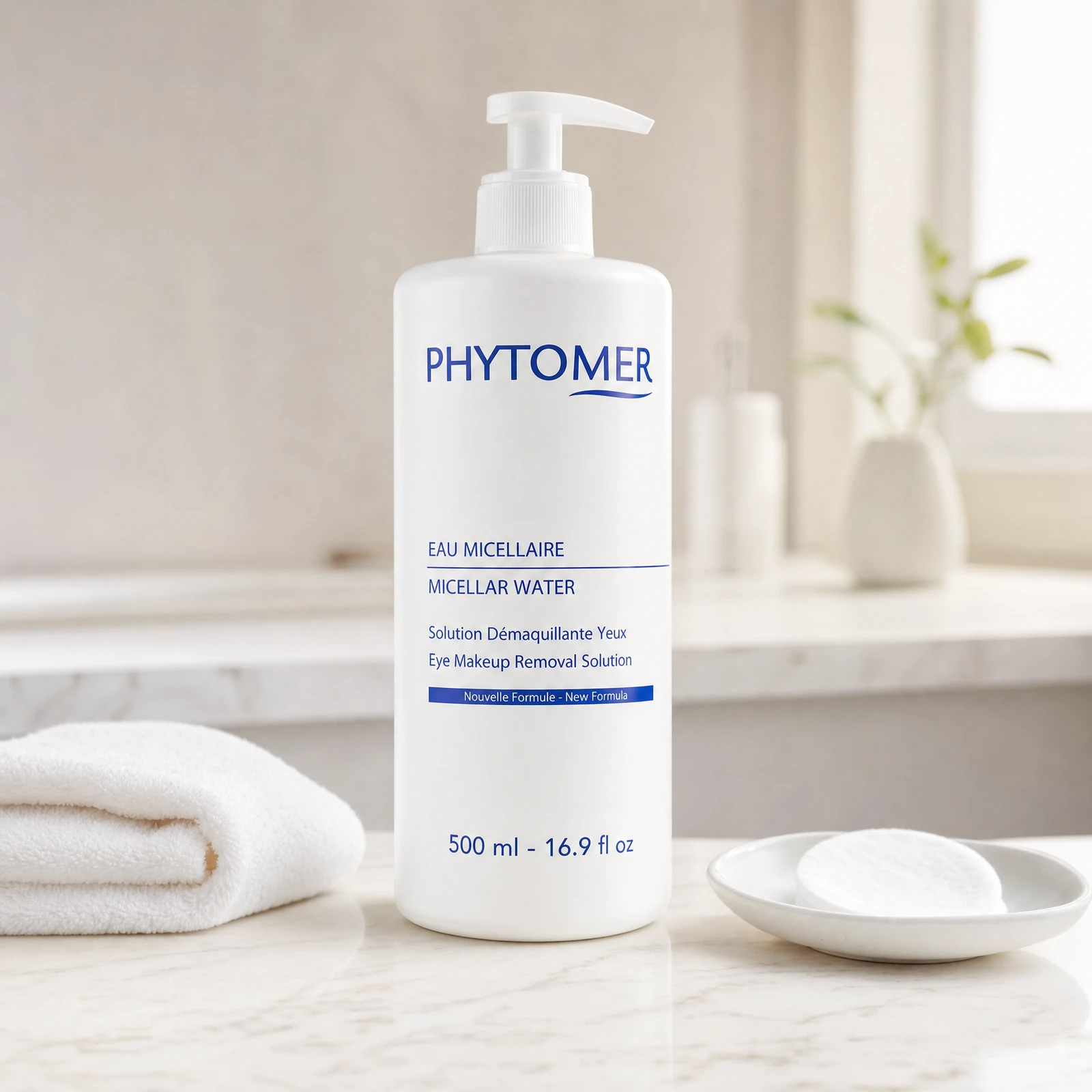 Phytomer Micellar Water Eye Makeup Removal Solution 500ml pump bottle on a premium beauty clinic marble counter with white spa towels and cotton round