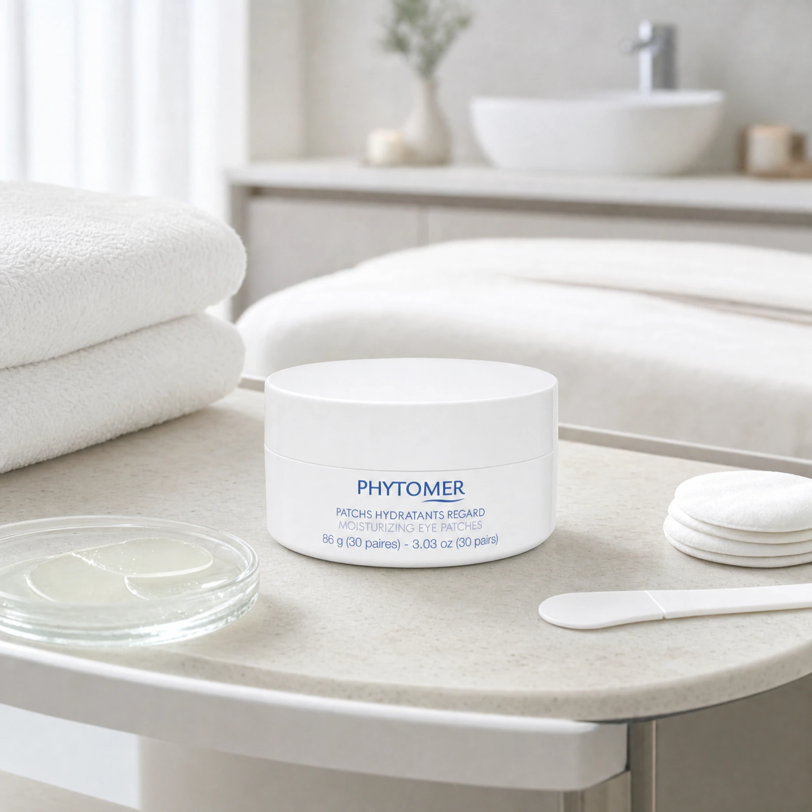 Phytomer Moisturizing Eye Patches 30 pairs displayed in a professional spa treatment room for hydrating eye-contour treatment upgrades.