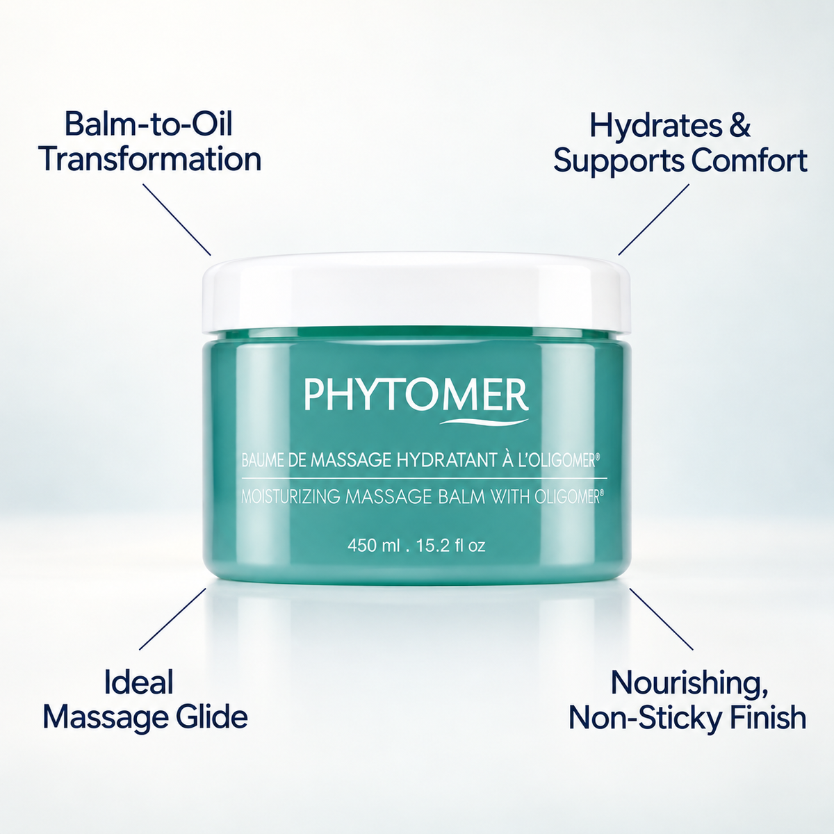PHYTOMER Moisturizing Massage Balm with OLIGOMER 450ml with callouts for balm-to-oil transformation, hydration, massage glide and a nourishing non-sticky finish.