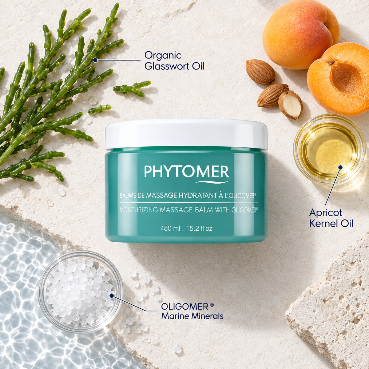 PHYTOMER Moisturizing Massage Balm with OLIGOMER 450ml with organic glasswort oil, apricot kernel oil and OLIGOMER marine minerals.