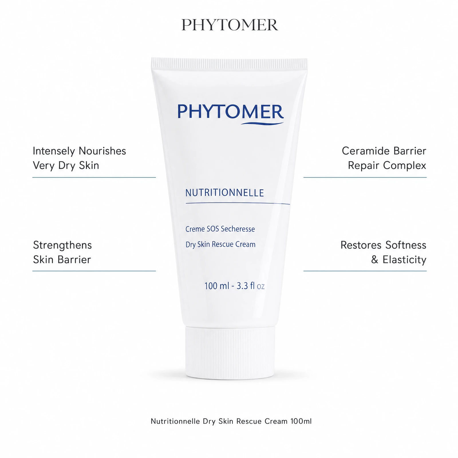 Phytomer Nutritionnelle Dry Skin Rescue Cream 100ml with four professional benefit callouts: Intensely Nourishes Very Dry Skin, Strengthens Skin Barrier, Ceramide Barrier Repair Complex, Restores Softness and Elasticity