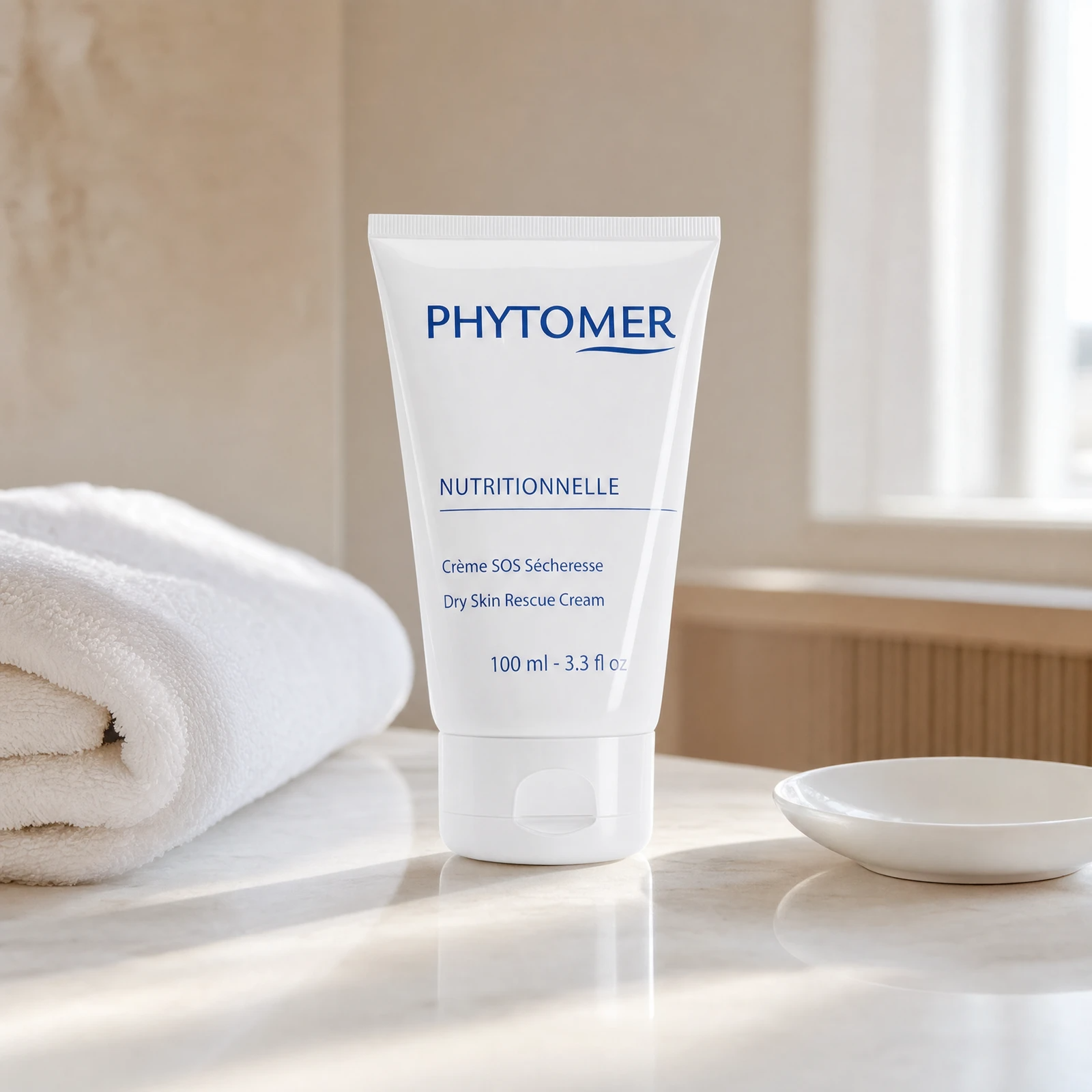Phytomer Nutritionnelle Dry Skin Rescue Cream 100ml professional tube on a premium beauty clinic marble counter with white spa towels and ceramic dish