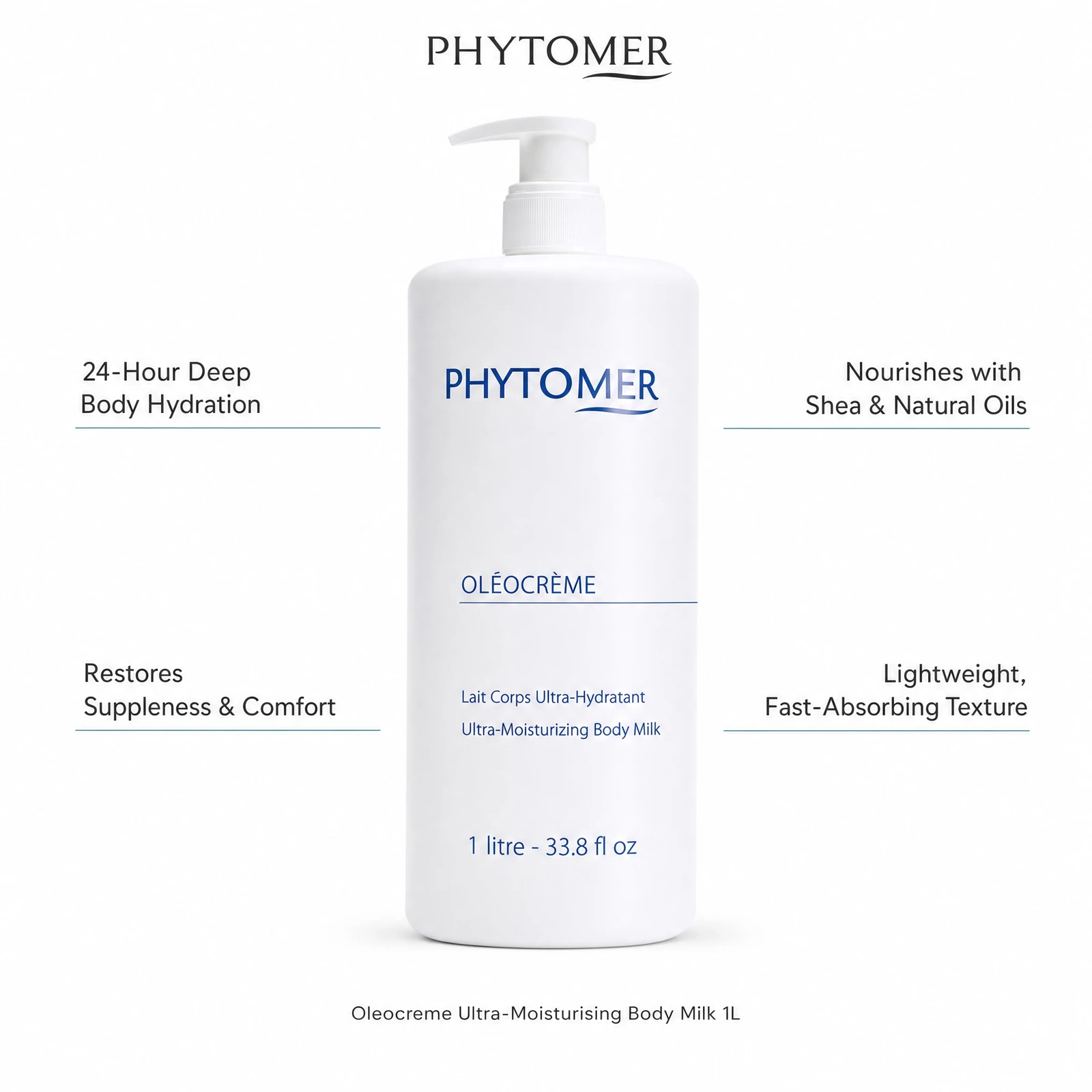 Phytomer Oleocreme Ultra-Moisturising Body Milk 1L with four professional benefit callouts: 24-Hour Deep Body Hydration, Restores Suppleness and Comfort, Nourishes with Shea and Natural Oils, Lightweight Fast-Absorbing Texture