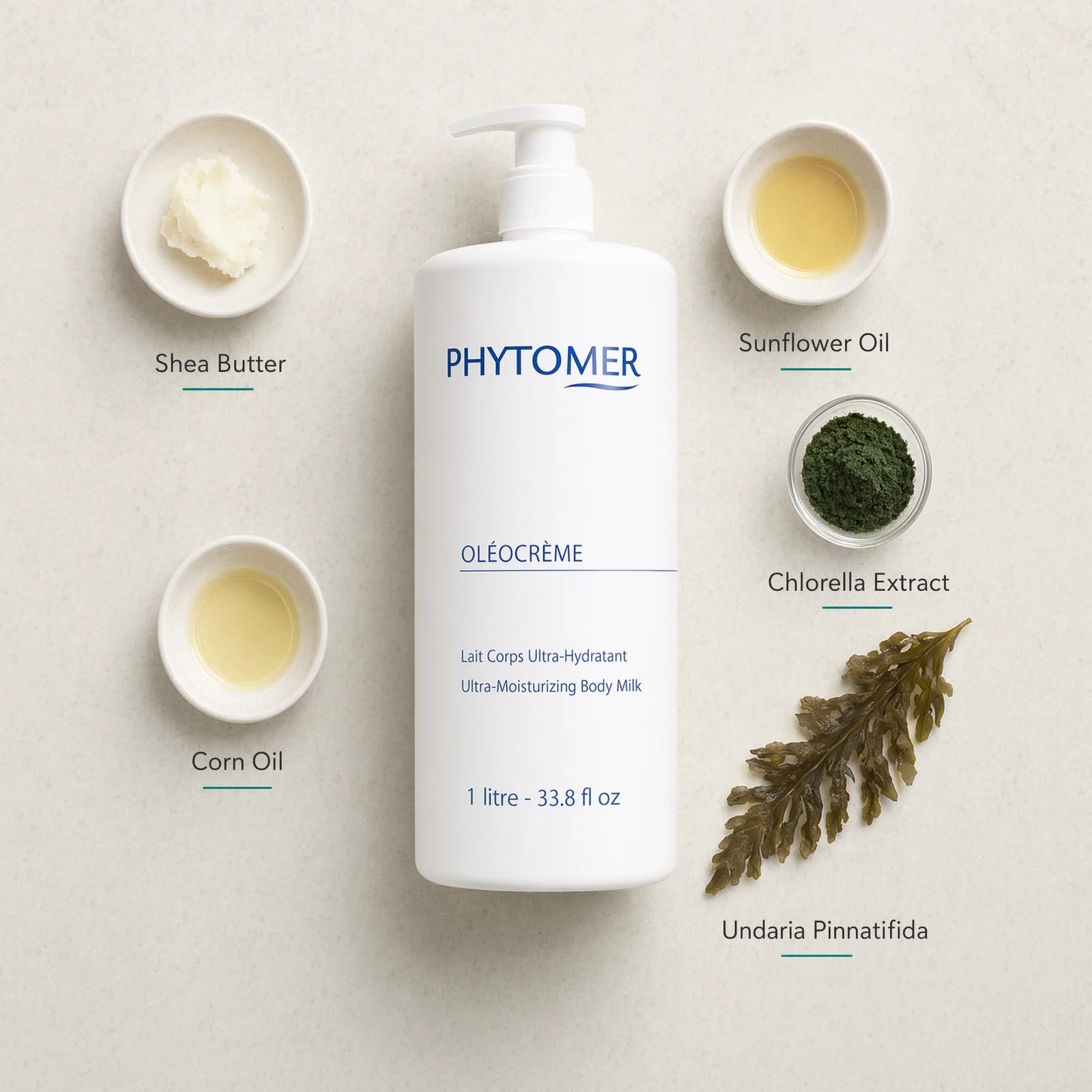 Phytomer Oleocreme Ultra-Moisturising Body Milk 1L flatlay with key ingredients including Shea Butter, Corn Oil, Sunflower Oil, Chlorella Extract and Undaria Pinnatifida marine algae