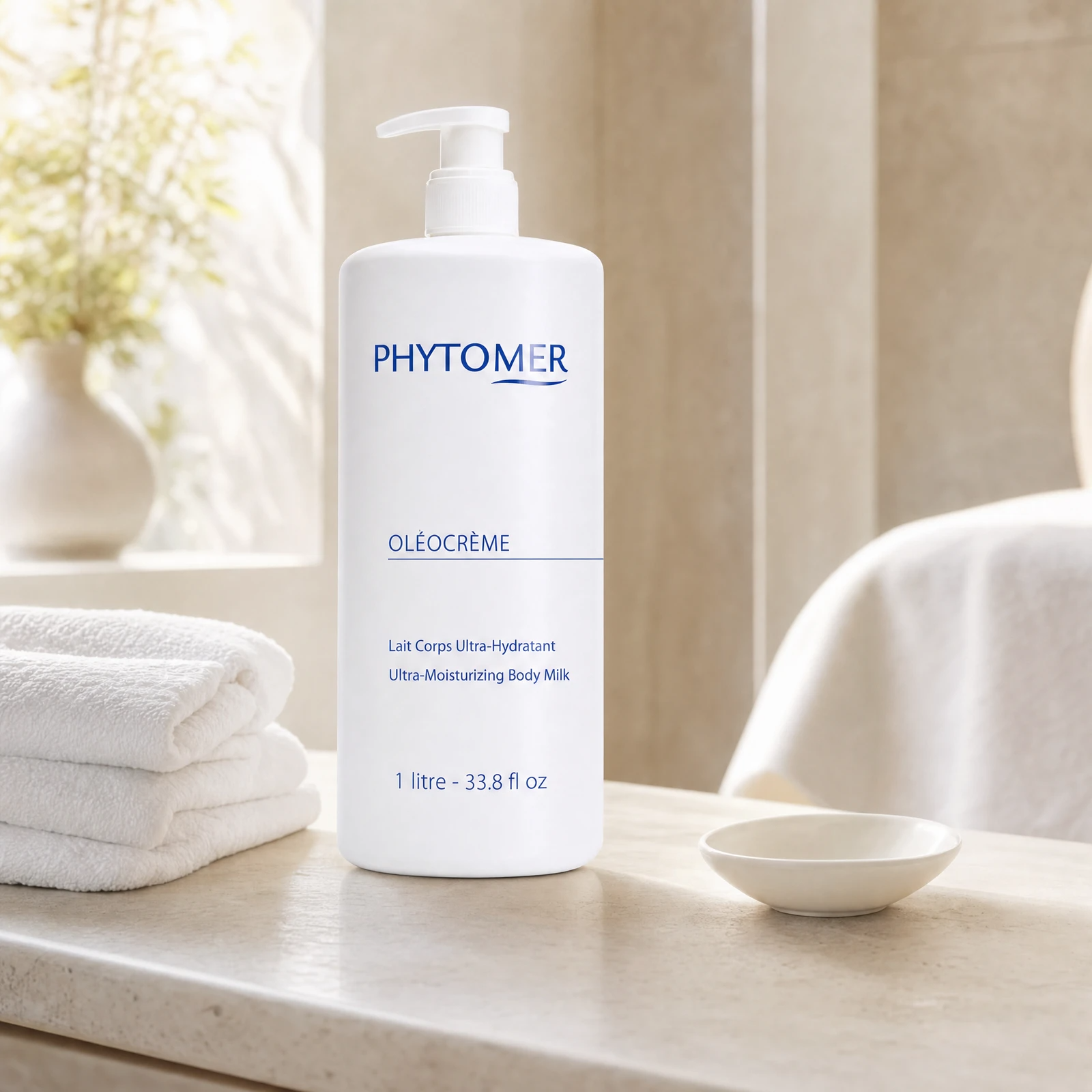 Phytomer Oleocreme Ultra-Moisturising Body Milk 1L professional pump bottle on a premium spa body treatment counter with white towels and ceramic dish