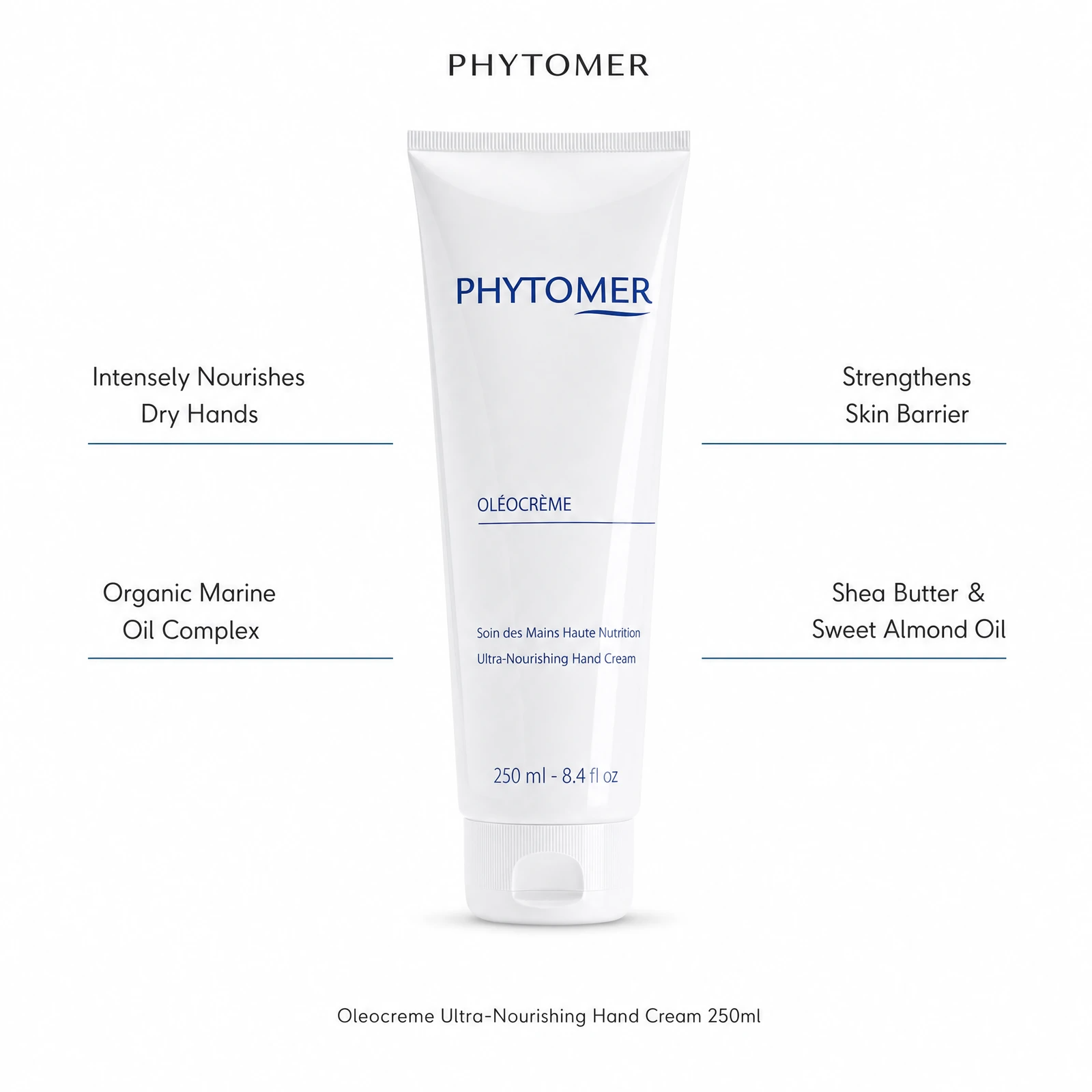 Phytomer Oleocreme Ultra-Nourishing Hand Cream 250ml with four professional benefit callouts: Intensely Nourishes Dry Hands, Organic Marine Oil Complex, Strengthens Skin Barrier, Shea Butter and Sweet Almond Oil