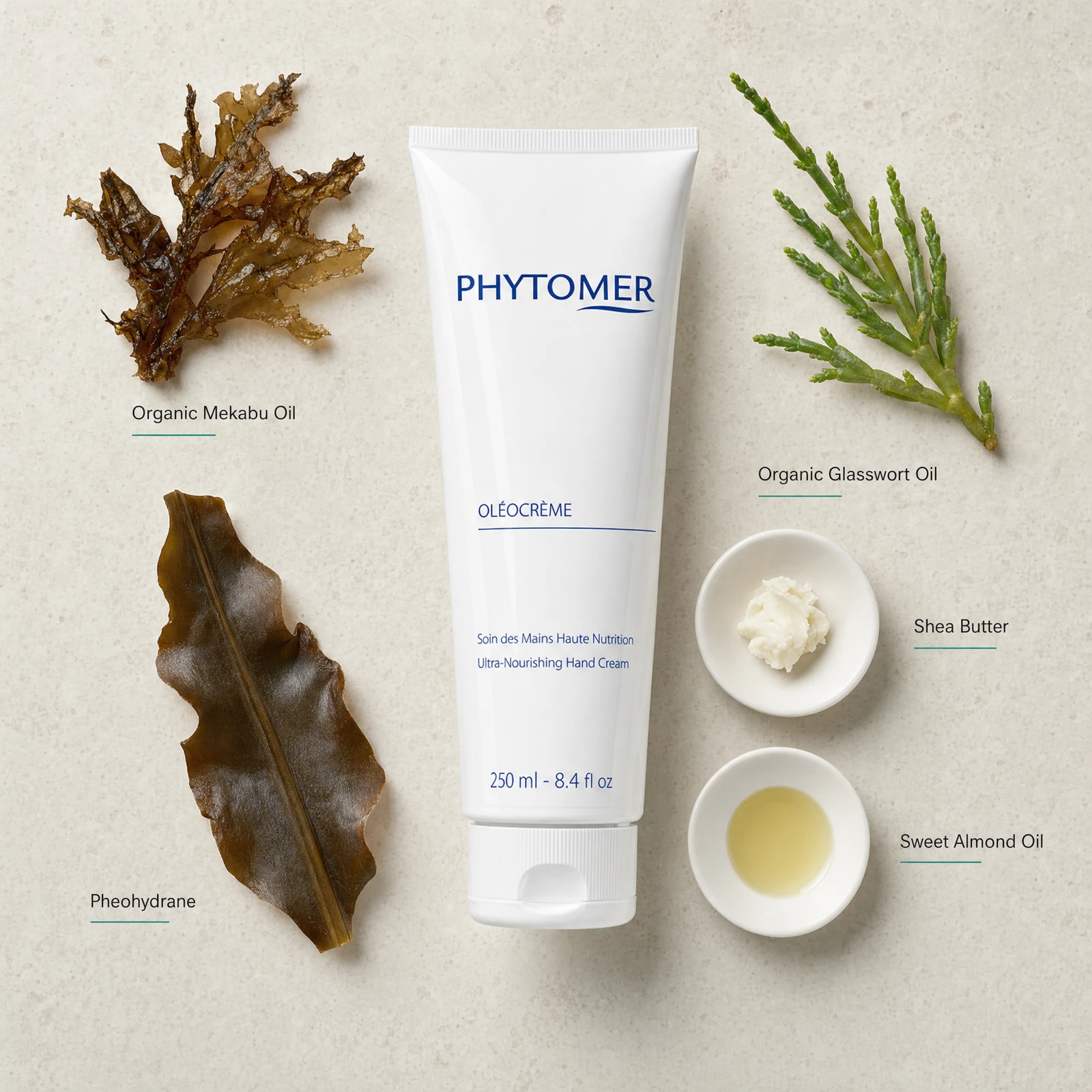 Phytomer Oleocreme Ultra-Nourishing Hand Cream 250ml flatlay with key ingredients including Organic Mekabu Oil, Organic Glasswort Oil, Pheohydrane, Shea Butter and Sweet Almond Oil