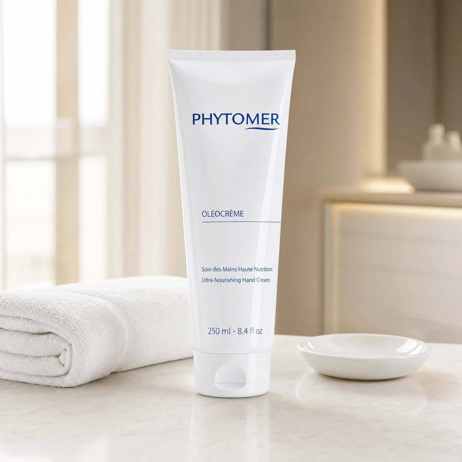 Phytomer Oleocreme Ultra-Nourishing Hand Cream 250ml professional tube on a premium spa hand treatment marble counter with white towels and ceramic dish