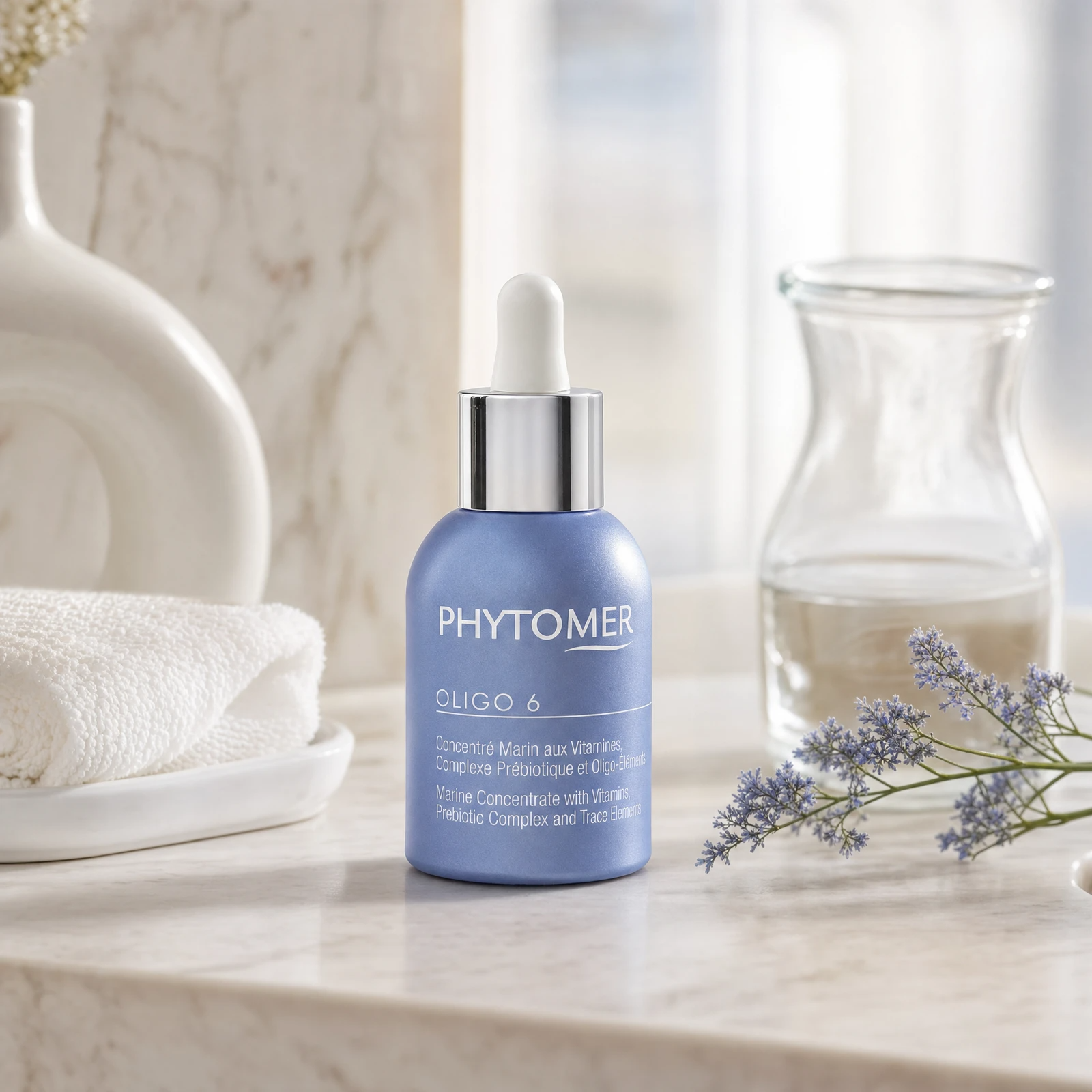 Phytomer Oligo 6 Marine Concentrate 30ml on a marble bathroom vanity with lavender, glass vessel with water, white ceramic tray and white towels, premium at-home skincare setting