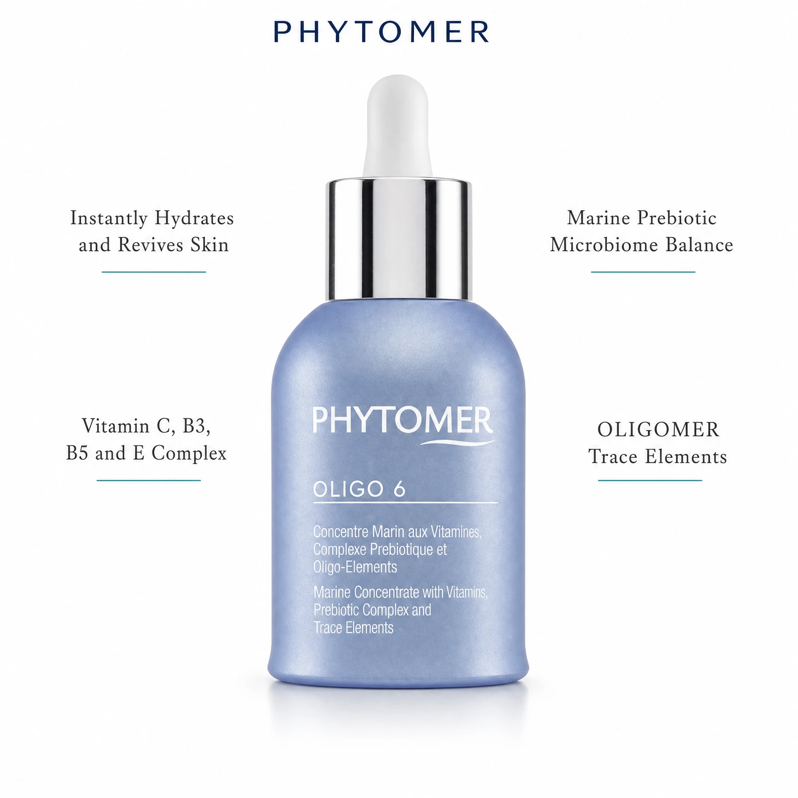 Phytomer Oligo 6 Marine Concentrate 30ml with four benefit callouts: Instantly Hydrates and Revives Skin, Vitamin C, B3, B5 and E Complex, Marine Prebiotic Microbiome Balance, OLIGOMER Trace Elements