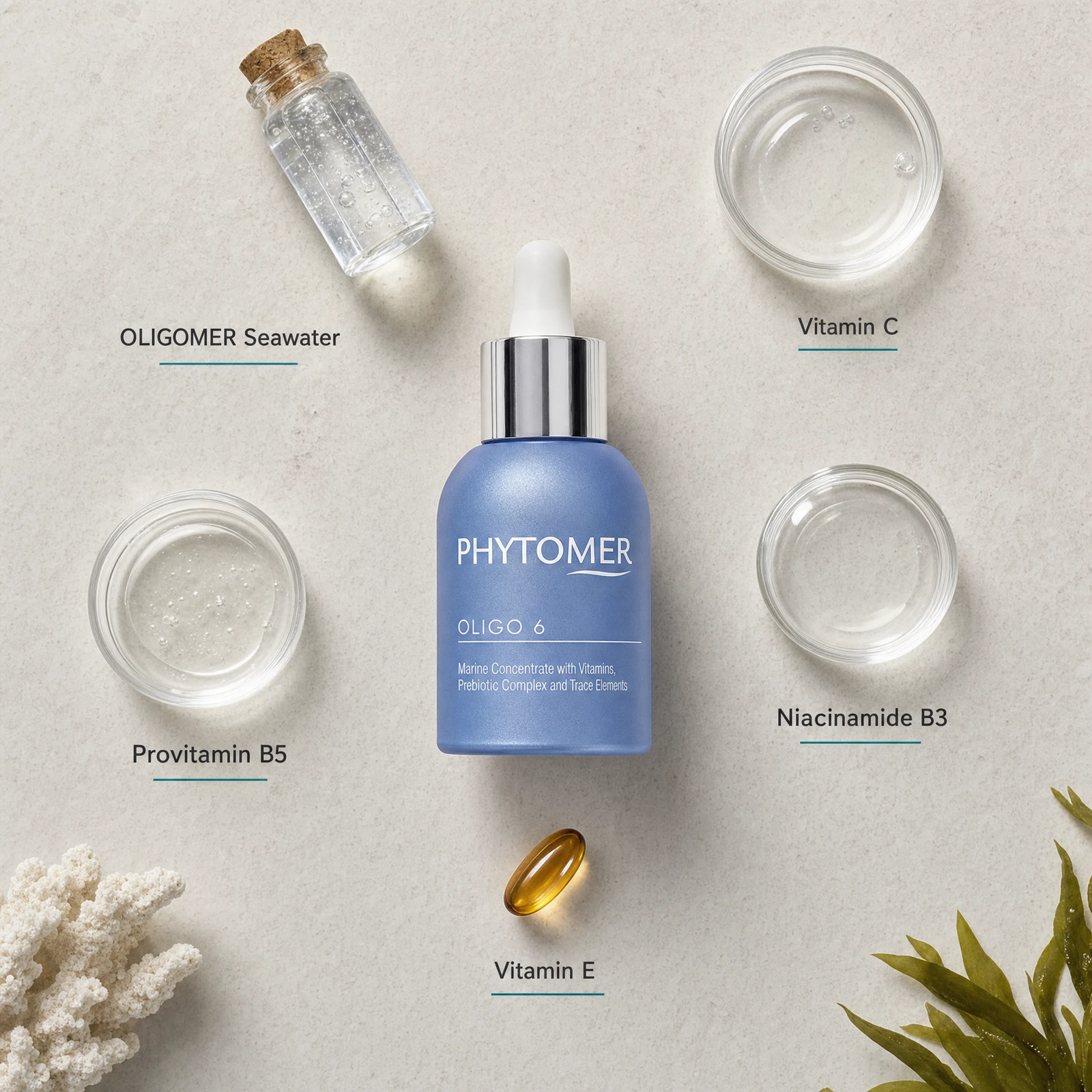 Phytomer Oligo 6 Marine Concentrate 30ml flatlay on limestone surface with OLIGOMER Seawater, Vitamin C, Provitamin B5, Niacinamide B3, and Vitamin E