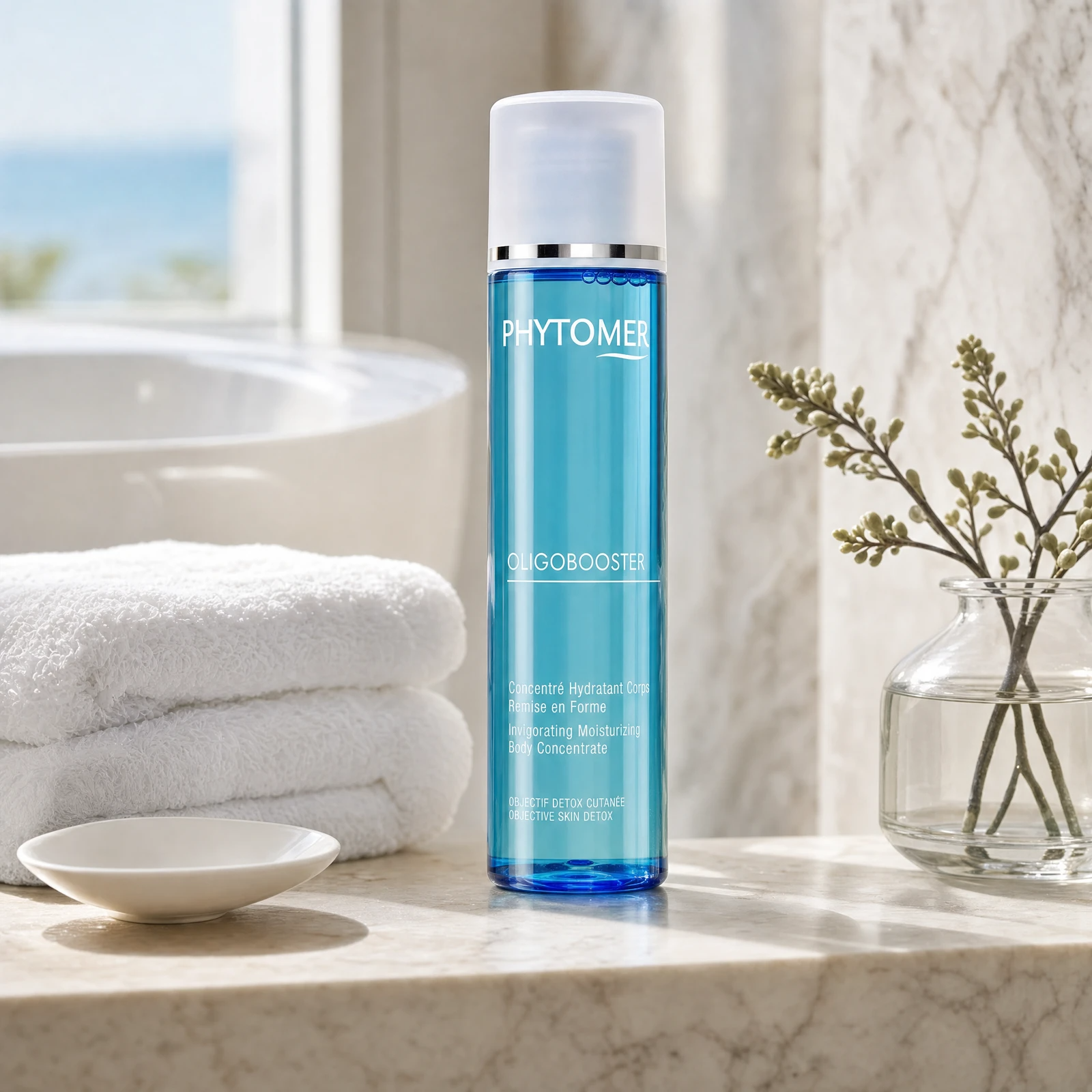 Phytomer Oligobooster Invigorating Moisturizing Body Concentrate 125ml flatlay on limestone surface with Niacinamide B3, Palmaria Palmata, OLIGOMER Seawater, Betaine, and Glycerin