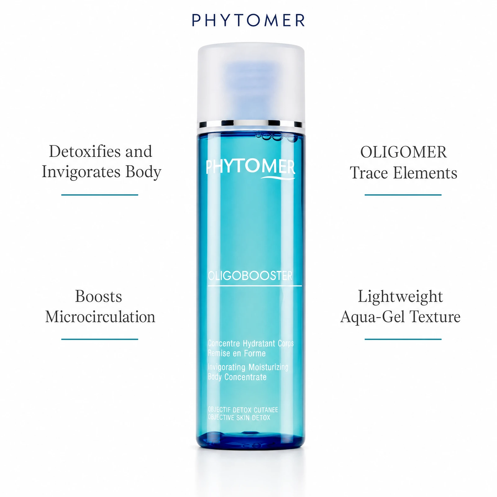 Phytomer Oligobooster Invigorating Moisturizing Body Concentrate 125ml flatlay on limestone surface with Niacinamide B3, Palmaria Palmata, OLIGOMER Seawater, Betaine, and Glycerin