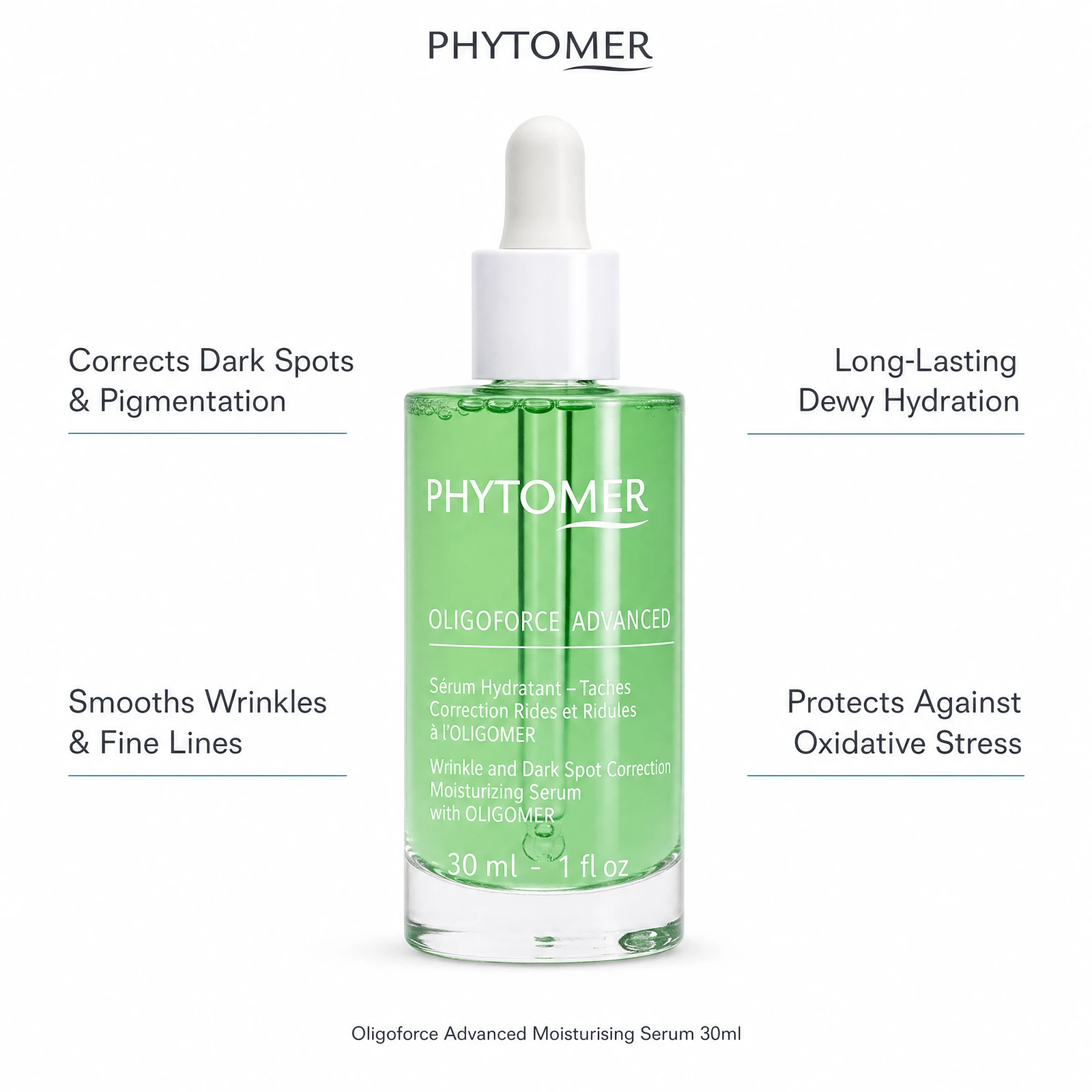 Phytomer Oligoforce Advanced Serum 30ml with four professional benefit callouts: Corrects Dark Spots and Pigmentation, Smooths Wrinkles and Fine Lines, Long-Lasting Dewy Hydration, Protects Against Oxidative Stress