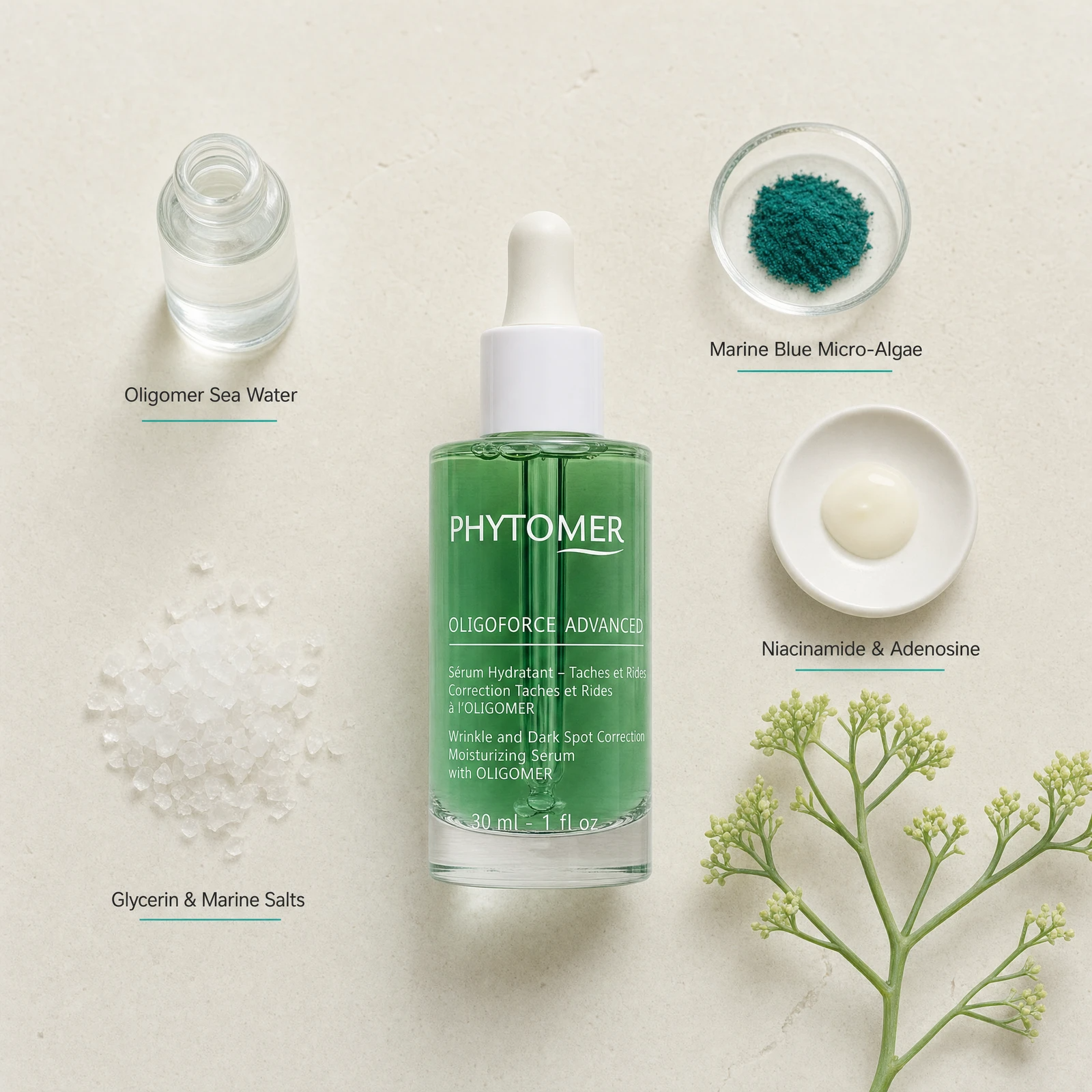 Phytomer Oligoforce Advanced Serum 30ml flatlay with key ingredients including Oligomer Sea Water, Marine Blue Micro-Algae, Niacinamide and Adenosine, and Glycerin and Marine Salts