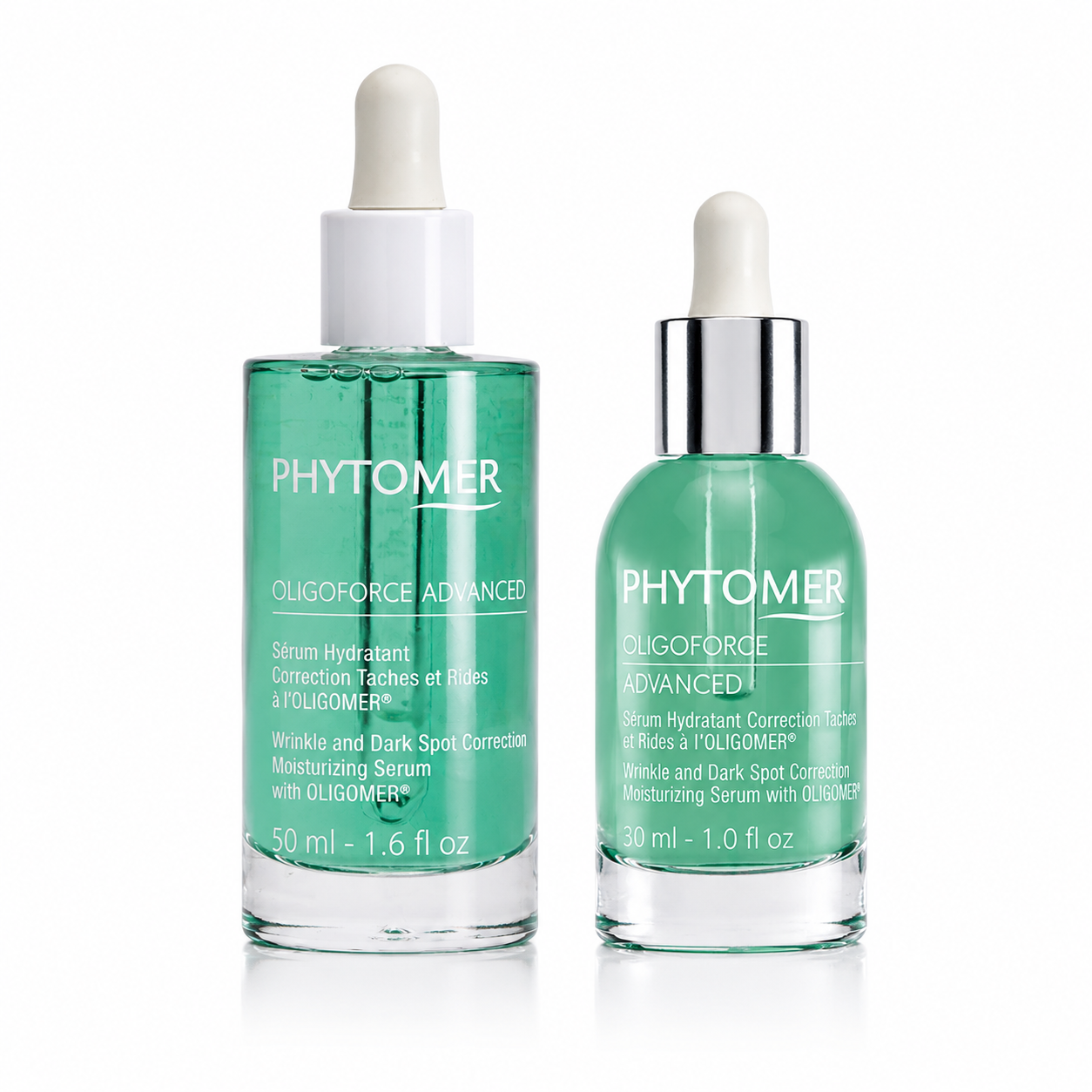 Phytomer Oligoforce Advanced Wrinkle and Dark Spot Correction Serum retail and professional size duo image.