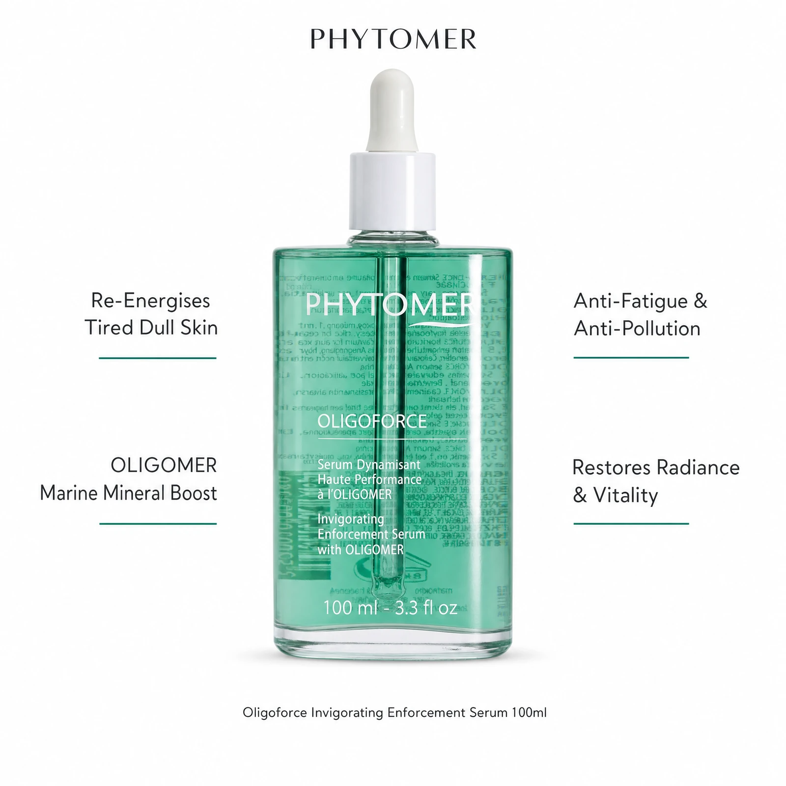 Phytomer Oligoforce Invigorating Enforcement Serum 100ml with four professional benefit callouts: Re-Energises Tired Dull Skin, OLIGOMER Marine Mineral Boost, Anti-Fatigue and Anti-Pollution, Restores Radiance and Vitality