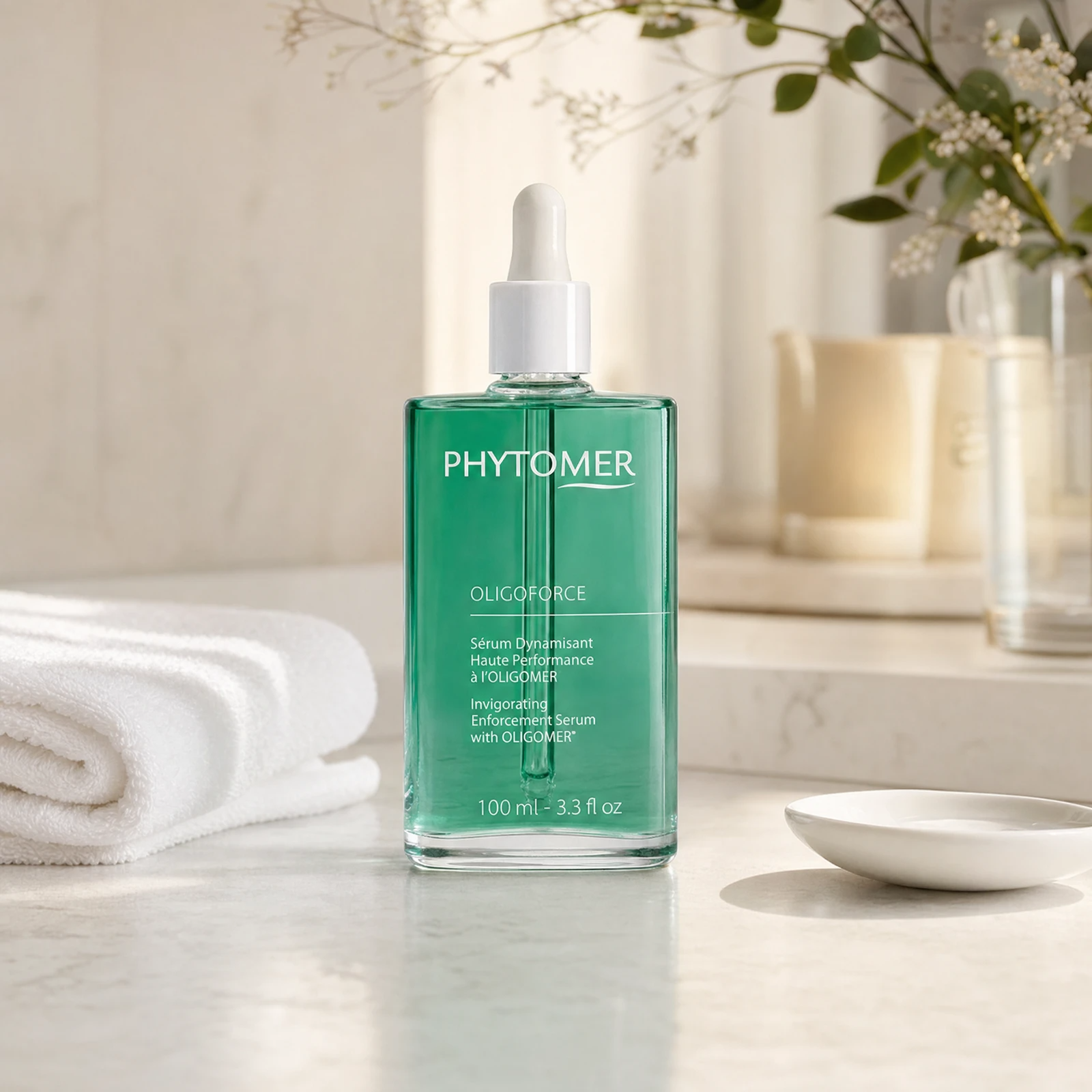 Phytomer Oligoforce Invigorating Enforcement Serum 100ml emerald-green dropper bottle on a premium beauty clinic marble counter with white spa towels and ceramic dish