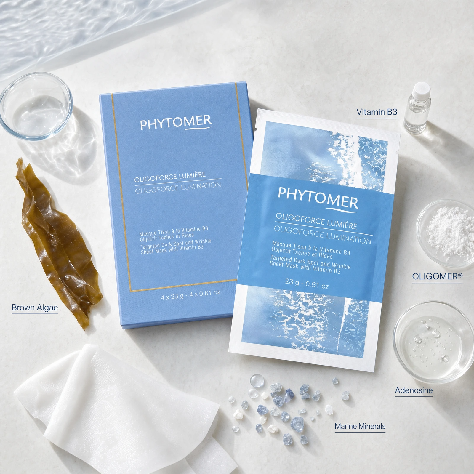 Phytomer Oligoforce Lumination Targeted Dark Spot and Wrinkle Sheet Mask with Vitamin B3 ingredient flatlay featuring Vitamin B3, OLIGOMER, brown algae, adenosine and marine minerals.