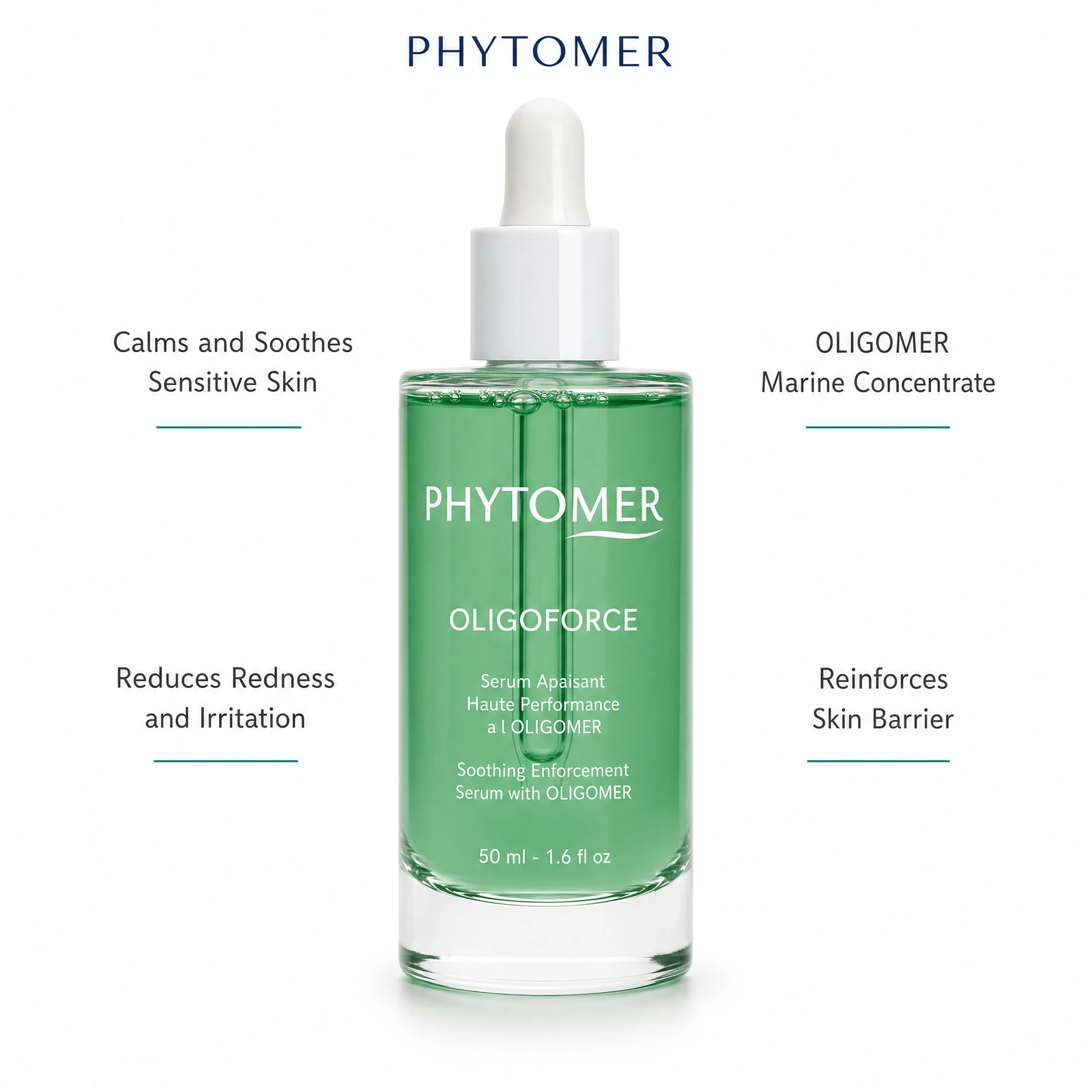 Phytomer Oligoforce Soothing Enforcement Serum with OLIGOMER 50ml with four benefit callouts: Calms and Soothes Sensitive Skin, Reduces Redness and Irritation, OLIGOMER Marine Concentrate, Reinforces Skin Barrier