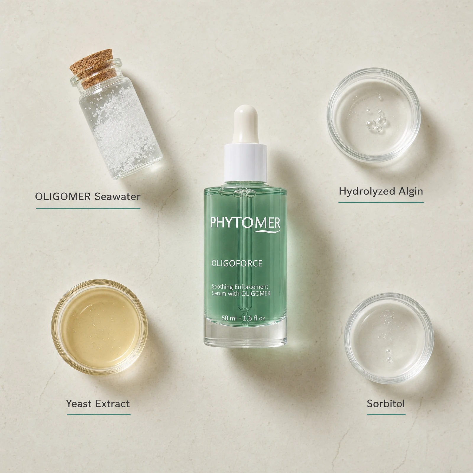 Phytomer Oligoforce Soothing Enforcement Serum with OLIGOMER 50ml flatlay on limestone surface with OLIGOMER Seawater, Hydrolyzed Algin, Yeast Extract, and Sorbitol
