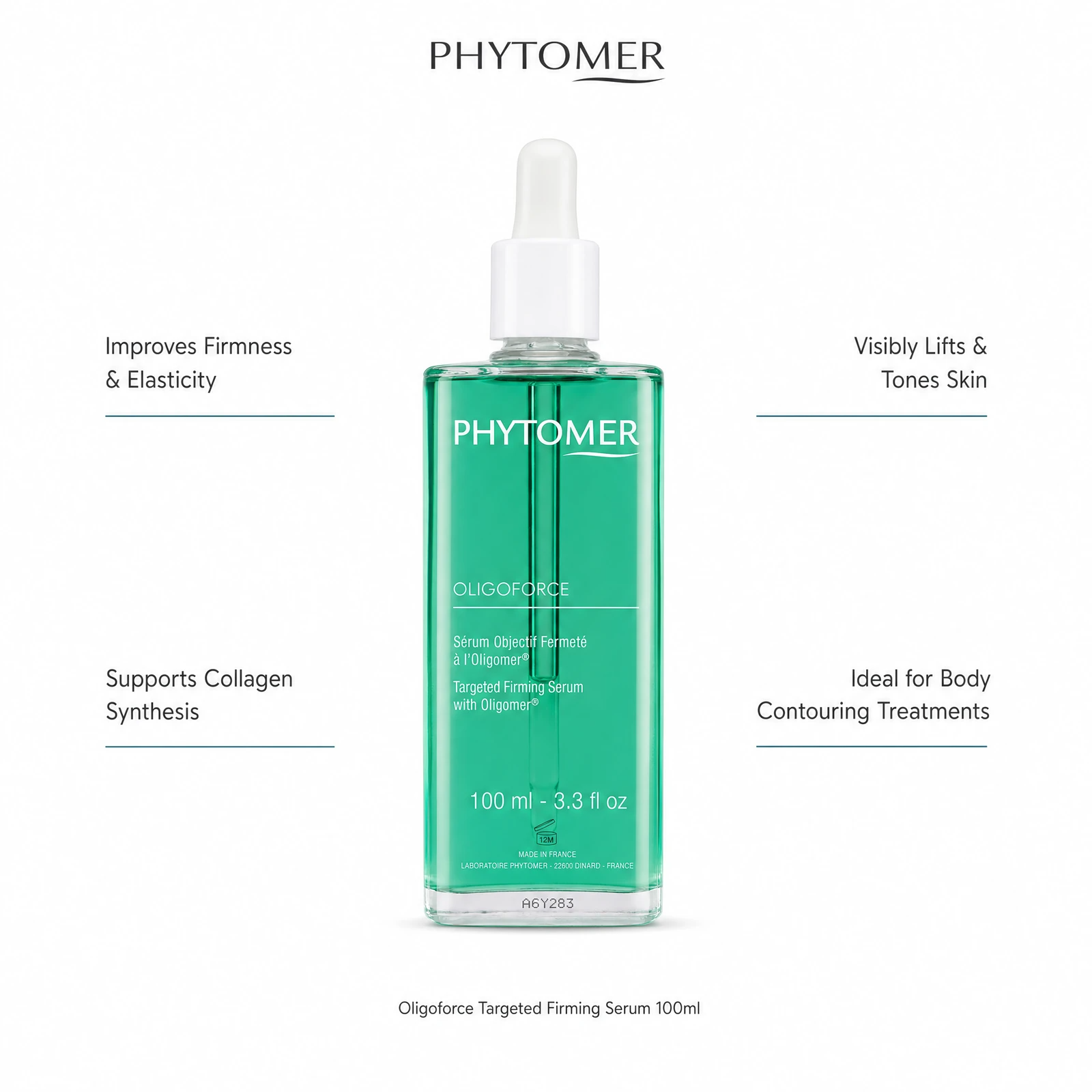 Phytomer Oligoforce Targeted Firming Serum 100ml with four professional benefit callouts: Improves Firmness and Elasticity, Supports Collagen Synthesis, Visibly Lifts and Tones Skin, Ideal for Body Contouring Treatments