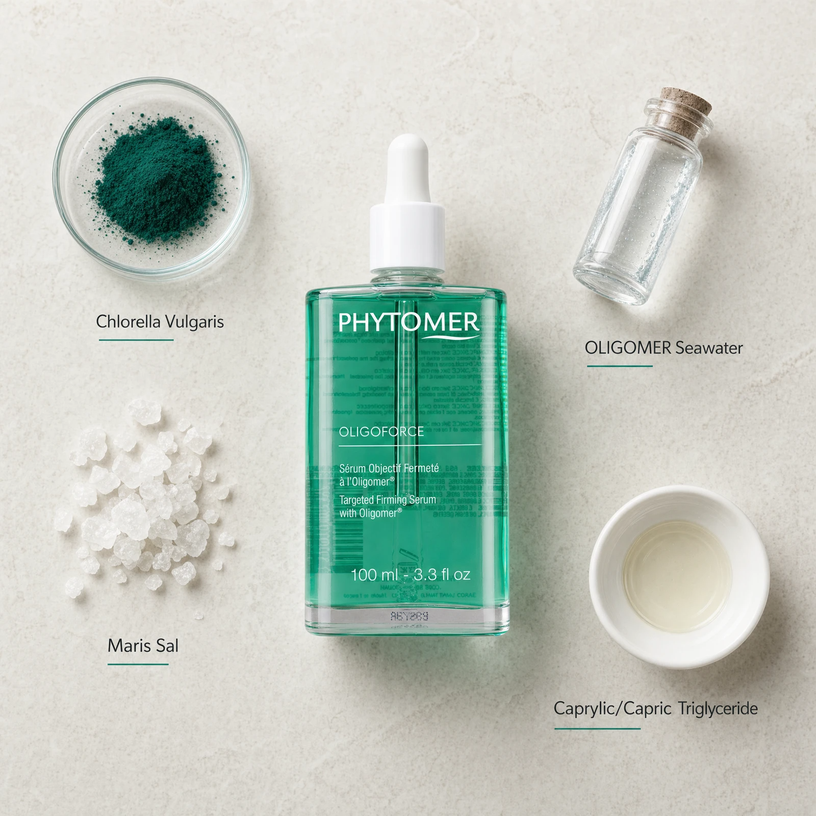 Phytomer Oligoforce Targeted Firming Serum 100ml flatlay with key ingredients including Chlorella Vulgaris, OLIGOMER Seawater, Maris Sal sea salt and Caprylic/Capric Triglyceride
