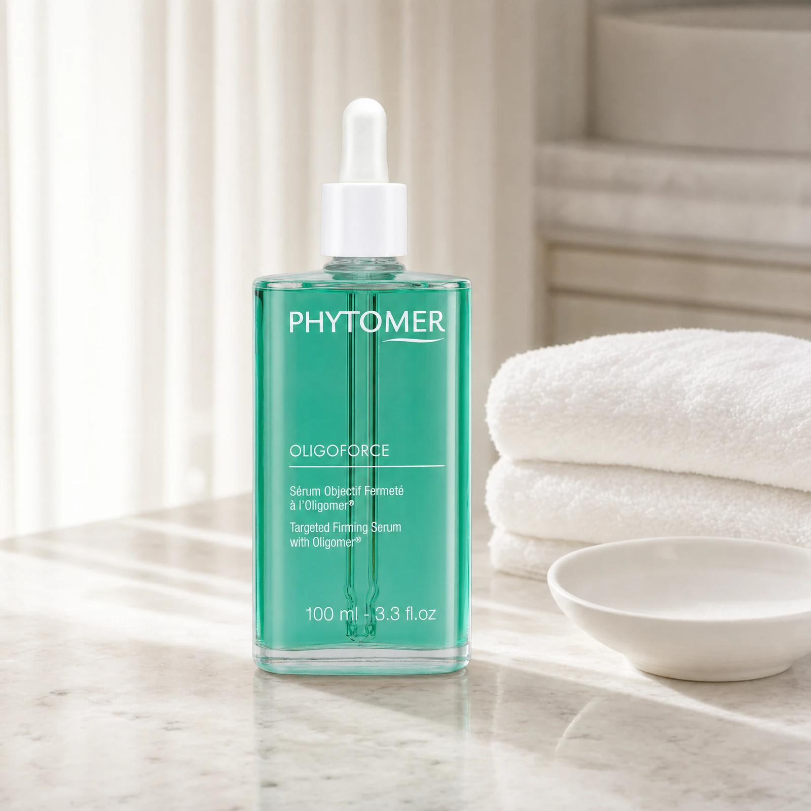 Phytomer Oligoforce Targeted Firming Serum 100ml green glass dropper bottle on a premium professional spa body treatment marble counter with white towels and ceramic dish