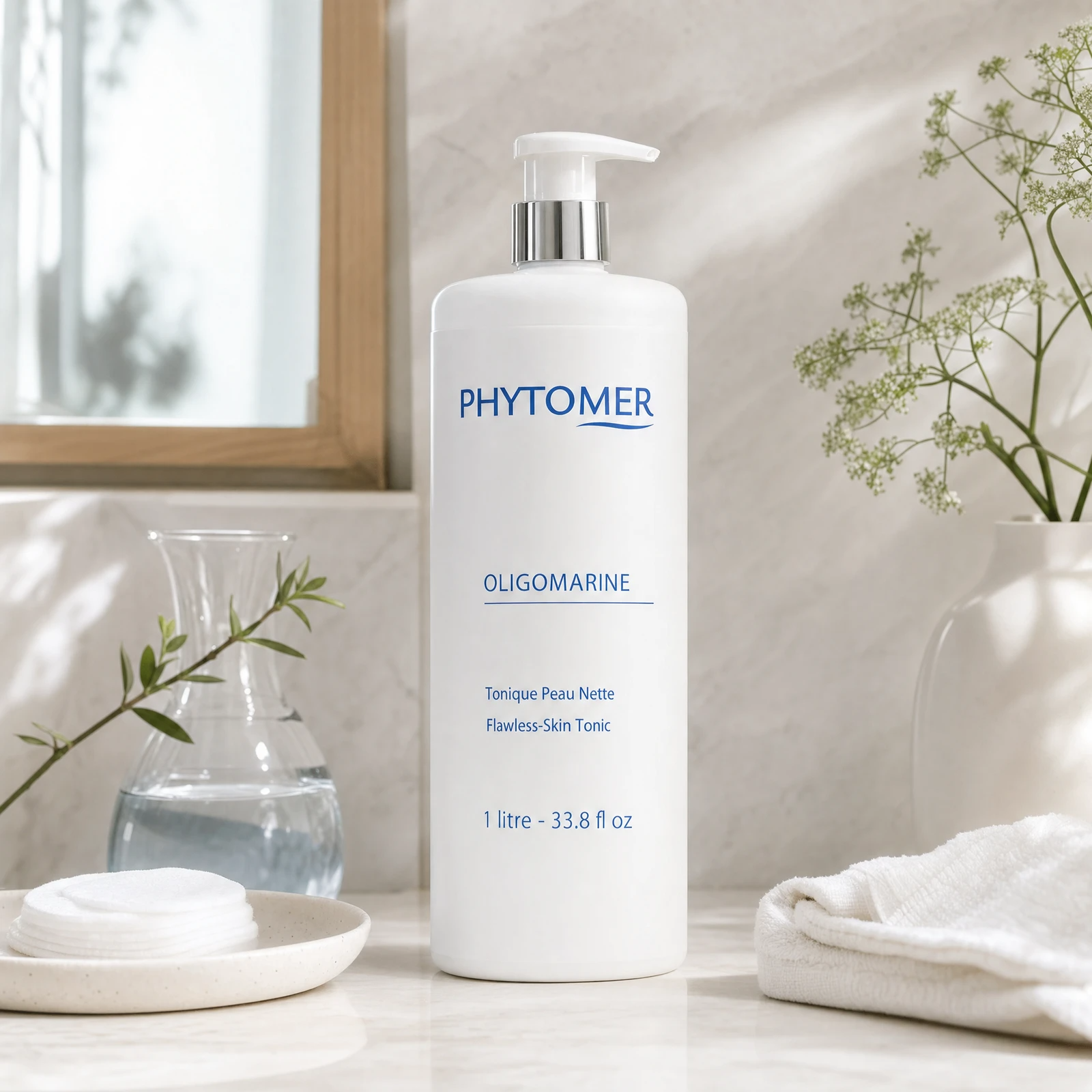 Phytomer Oligomarine Flawless Skin Tonic 1 Litre pump bottle on a marble bathroom vanity with botanical in glass vessel, cotton pads and white towels, premium at-home skincare setting
