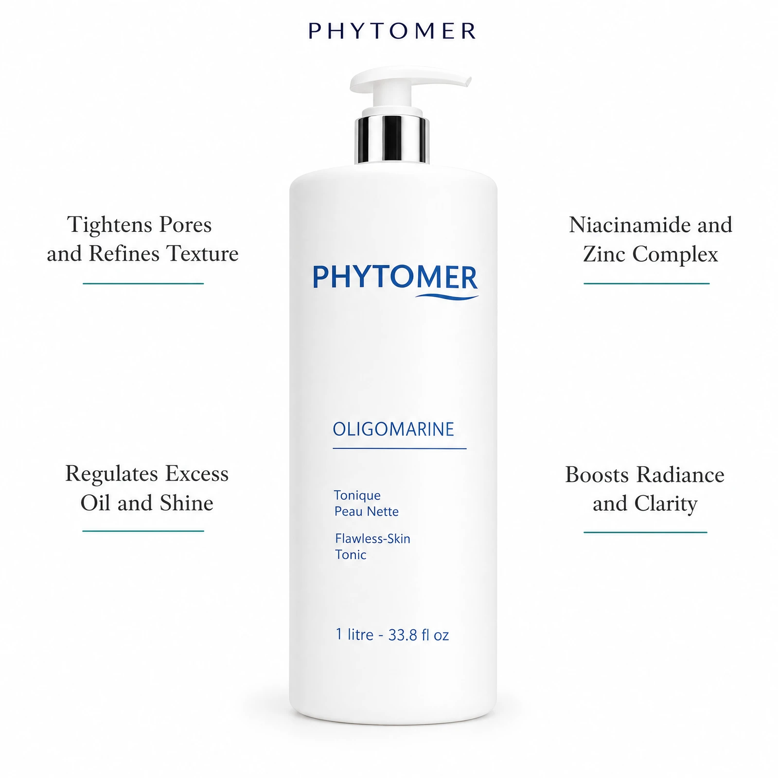 Phytomer Oligomarine Flawless Skin Tonic 1 Litre with four benefit callouts: Tightens Pores and Refines Texture, Regulates Excess Oil and Shine, Niacinamide and Zinc Complex, Boosts Radiance and Clarity