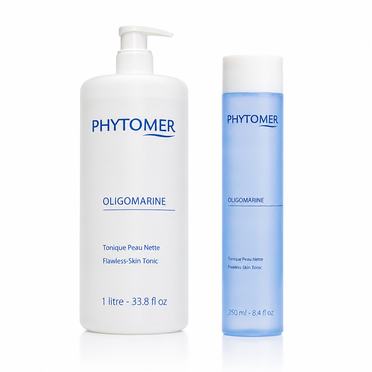 PHYTOMER Oligomarine Flawless-Skin Tonic professional 1 litre bottle and retail 250ml bottle displayed together on a white background.