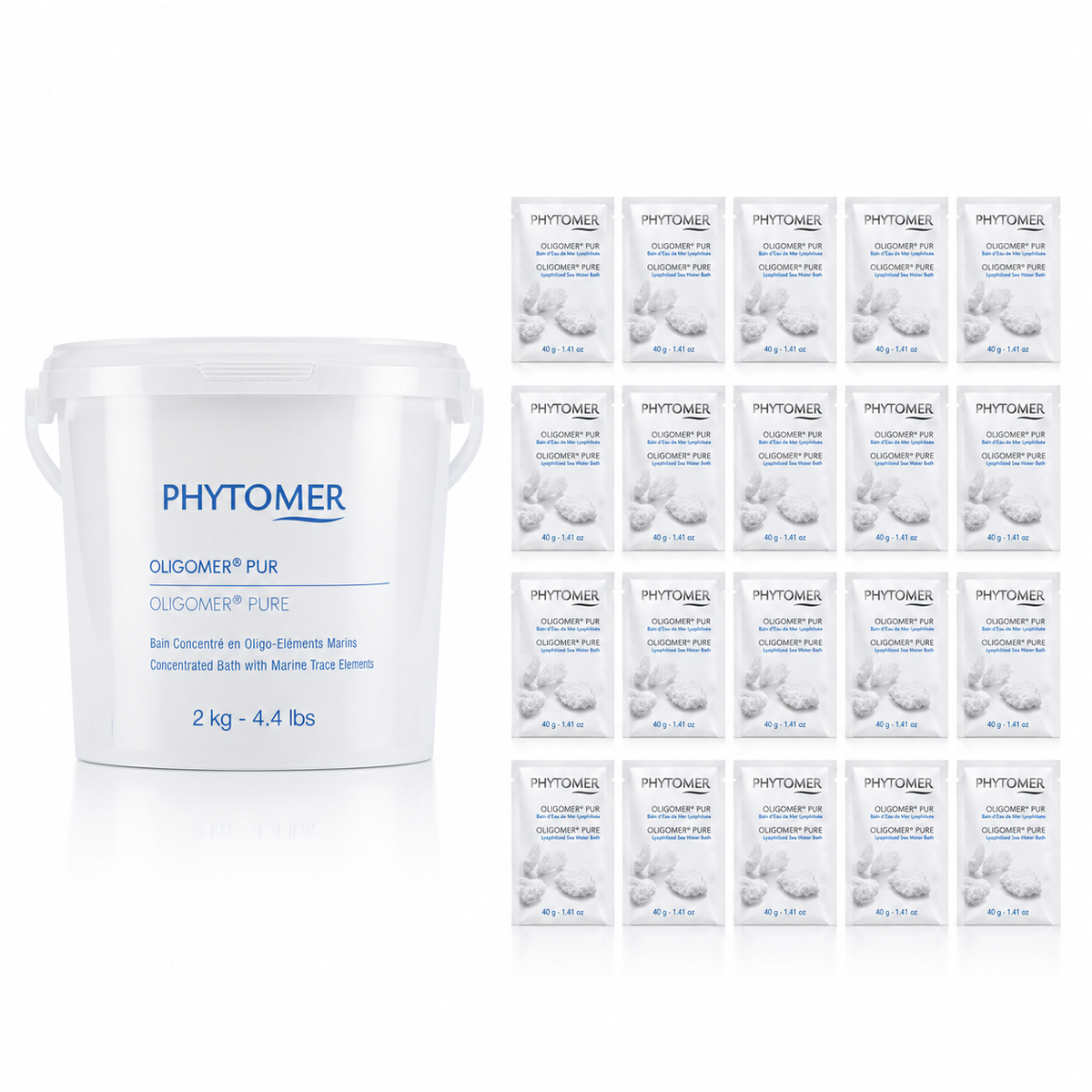 Phytomer Oligomer Pure 2kg professional tub alongside 20 individual 40g retail sachets arranged in four rows of five on a clean white background