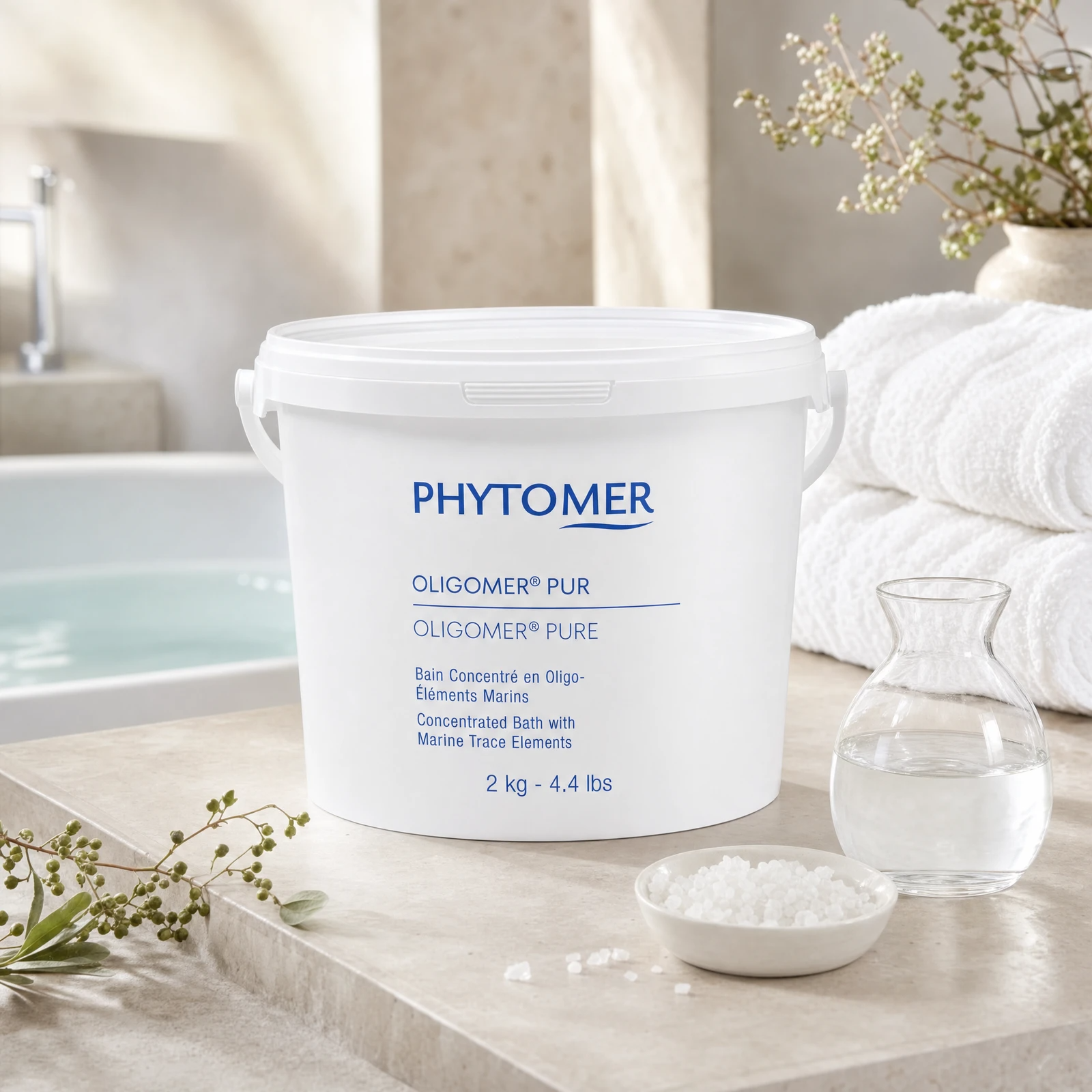 Phytomer Oligomer Pure Lyophilized Sea Water Bath 2kg tub on a marble bath surround with white towels, mineral crystal dish, glass vessel and coastal botanical, premium at-home spa setting