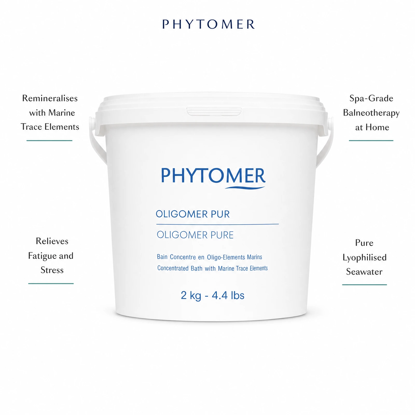 Phytomer Oligomer Pure Lyophilized Sea Water Bath 2kg with four benefit callouts: Remineralises with Marine Trace Elements, Relieves Fatigue and Stress, Spa-Grade Balneotherapy at Home, Pure Lyophilised Seawater