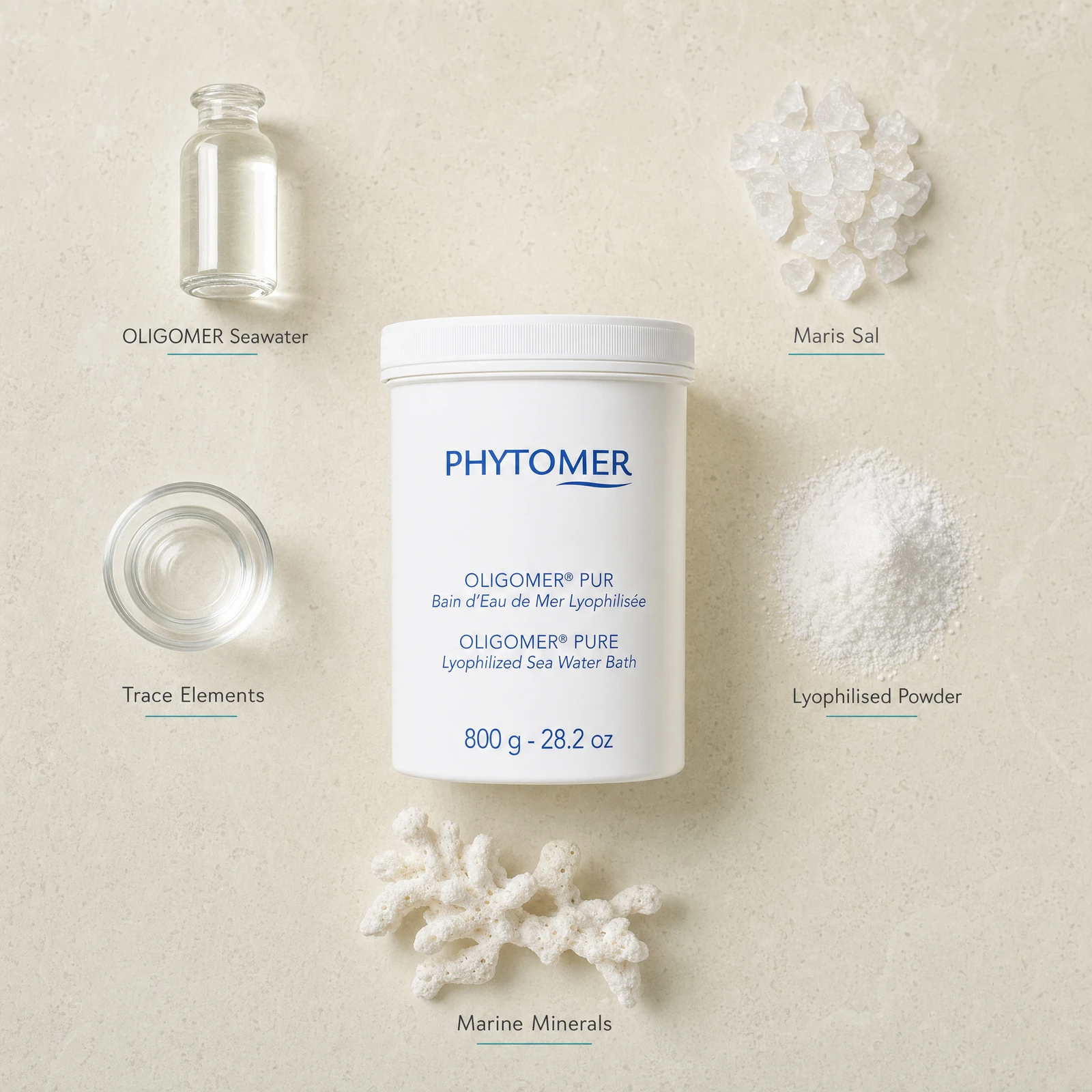 Phytomer Oligomer Pure Lyophilized Sea Water Bath 800g flatlay with key marine mineral ingredients including OLIGOMER Seawater, Maris Sal, Lyophilised Powder, Marine Minerals and Trace Elements