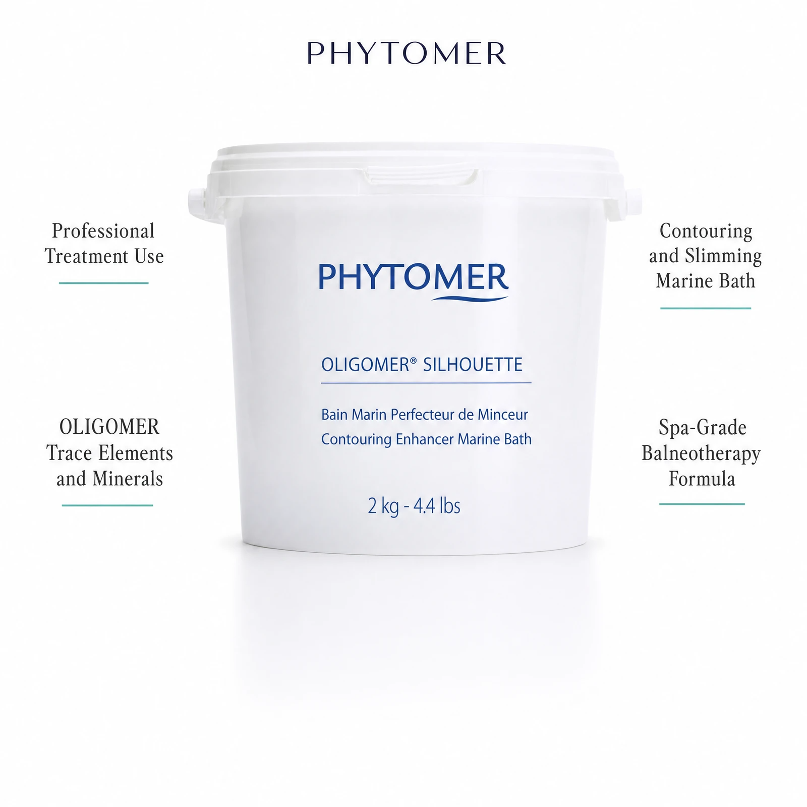 Phytomer Oligomer Silhouette Contouring Enhancer Marine Bath 2kg with four benefit callouts: Professional Treatment Use, OLIGOMER Trace Elements and Minerals, Contouring and Slimming Marine Bath, Spa-Grade Balneotherapy Formula