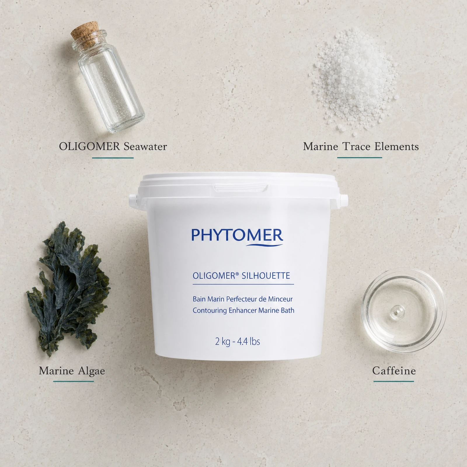 Phytomer Oligomer Silhouette Contouring Enhancer Marine Bath 2kg flatlay on limestone surface with OLIGOMER Seawater, Marine Trace Elements, Marine Algae, and Caffeine