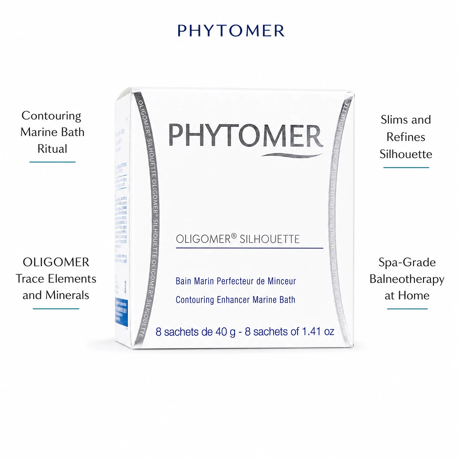 Phytomer Oligomer Silhouette Contouring Enhancer Marine Bath 8 sachets with four benefit callouts: Contouring Marine Bath Ritual, OLIGOMER Trace Elements and Minerals, Slims and Refines Silhouette, Spa-Grade Balneotherapy at Home