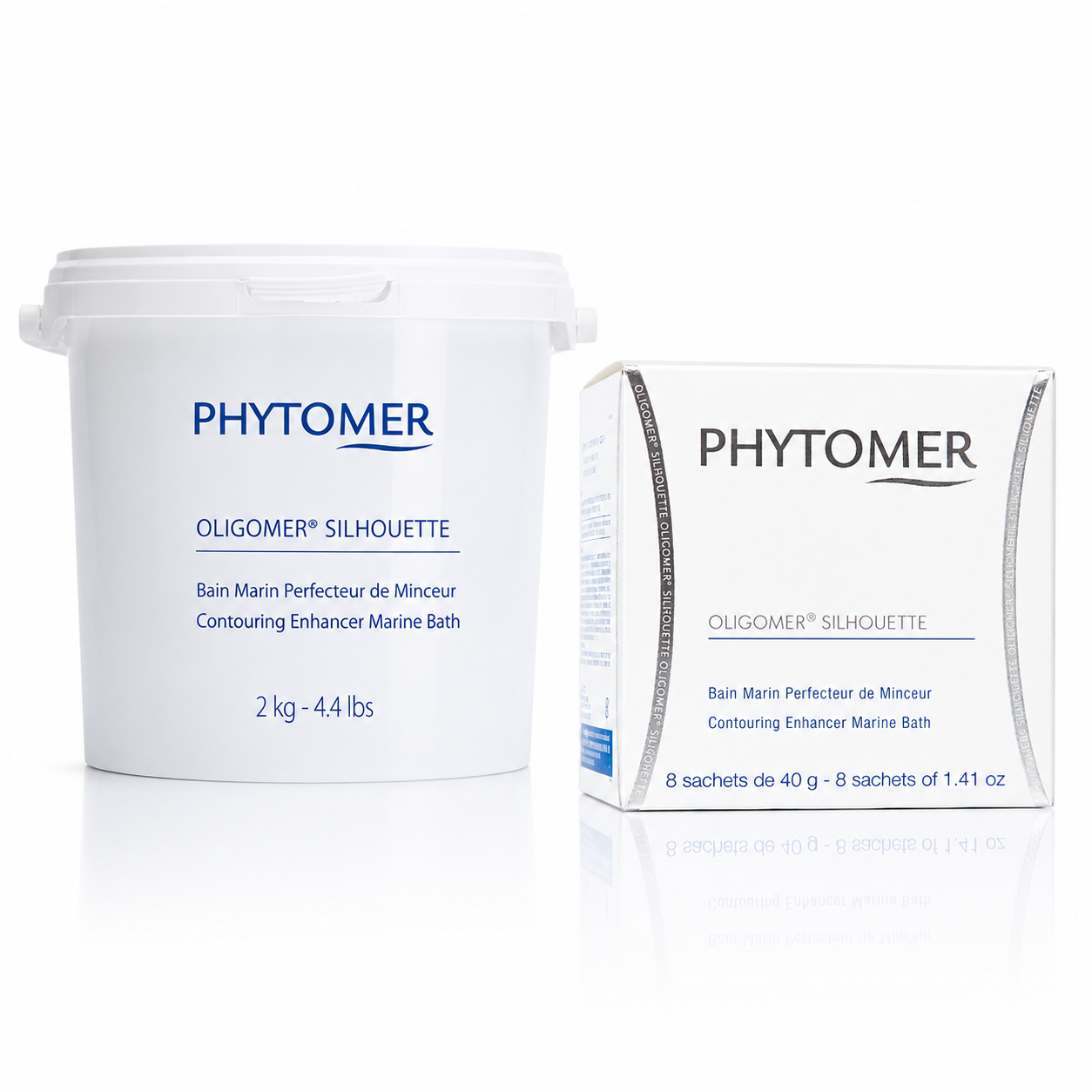 PHYTOMER Oligomer Silhouette Contouring Enhancer Marine Bath duo featuring the 2 kg professional treatment bucket alongside the 8 x 40 g sachet retail pack on a white background.