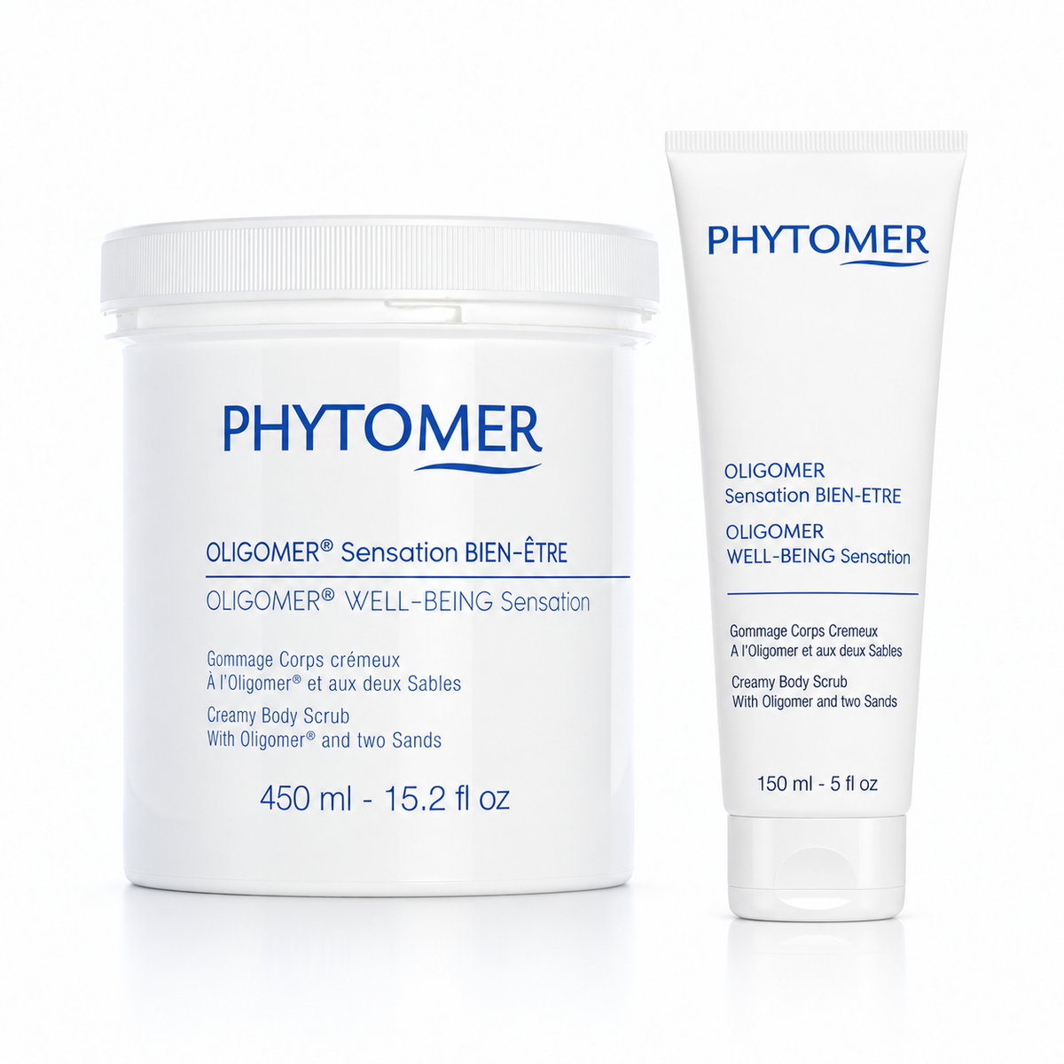 PHYTOMER OLIGOMER Well-Being Sensation Creamy Body Scrub professional 450ml jar and retail 150ml tube on a clean white background.