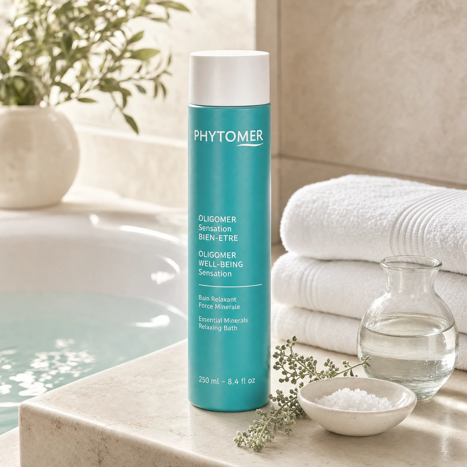 Phytomer Oligomer Well-Being Sensation Essential Minerals Relaxing Bath 250ml on a marble bath surround with white towels, sea salt dish, glass vessel and coastal botanical, premium at-home spa setting