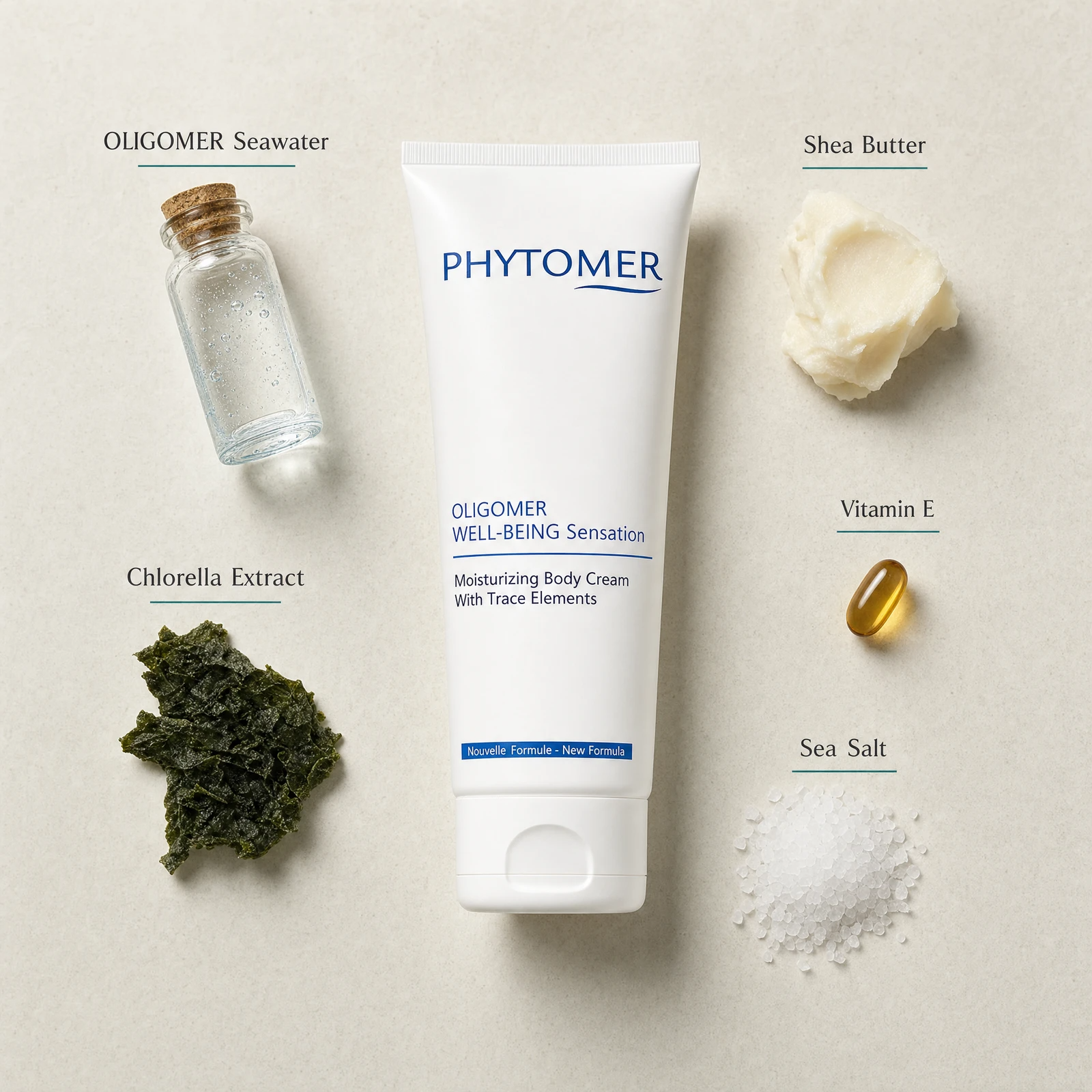 Phytomer Oligomer Well-Being Sensation Moisturising Body Cream 150ml flatlay on limestone surface with OLIGOMER Seawater, Shea Butter, Chlorella Extract, Vitamin E, and Sea Salt