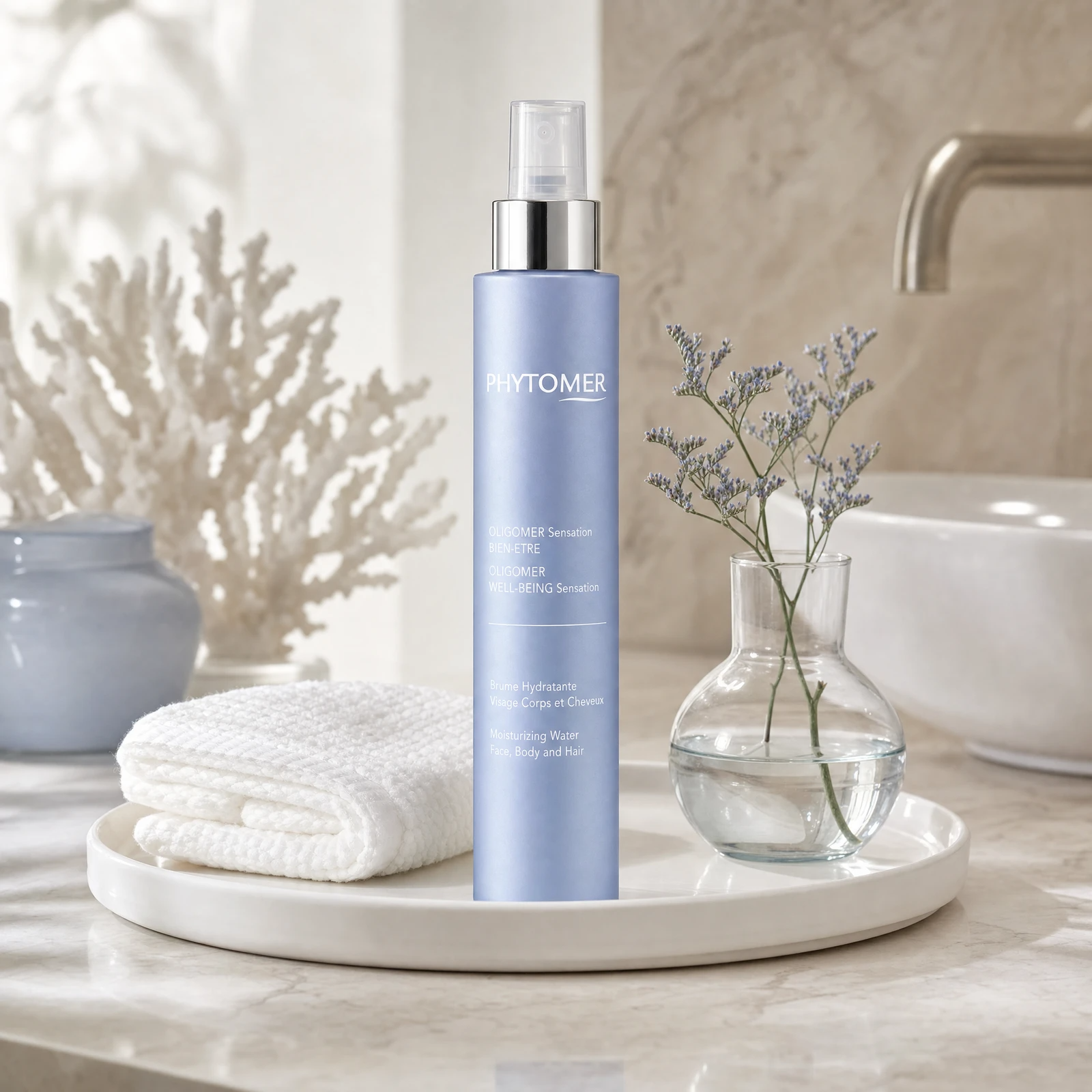 Phytomer Oligomer Well-Being Sensation Moisturizing Water Mist 100ml on a marble bathroom vanity tray with white towel, glass vessel and coastal botanical, premium at-home skincare setting
