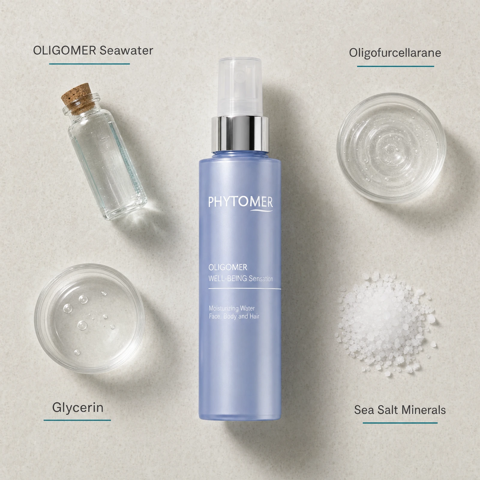 Phytomer Oligomer Well-Being Sensation Moisturizing Water Mist 100ml flatlay on limestone surface with OLIGOMER Seawater, Oligofurcellarane, Glycerin, and Sea Salt Minerals