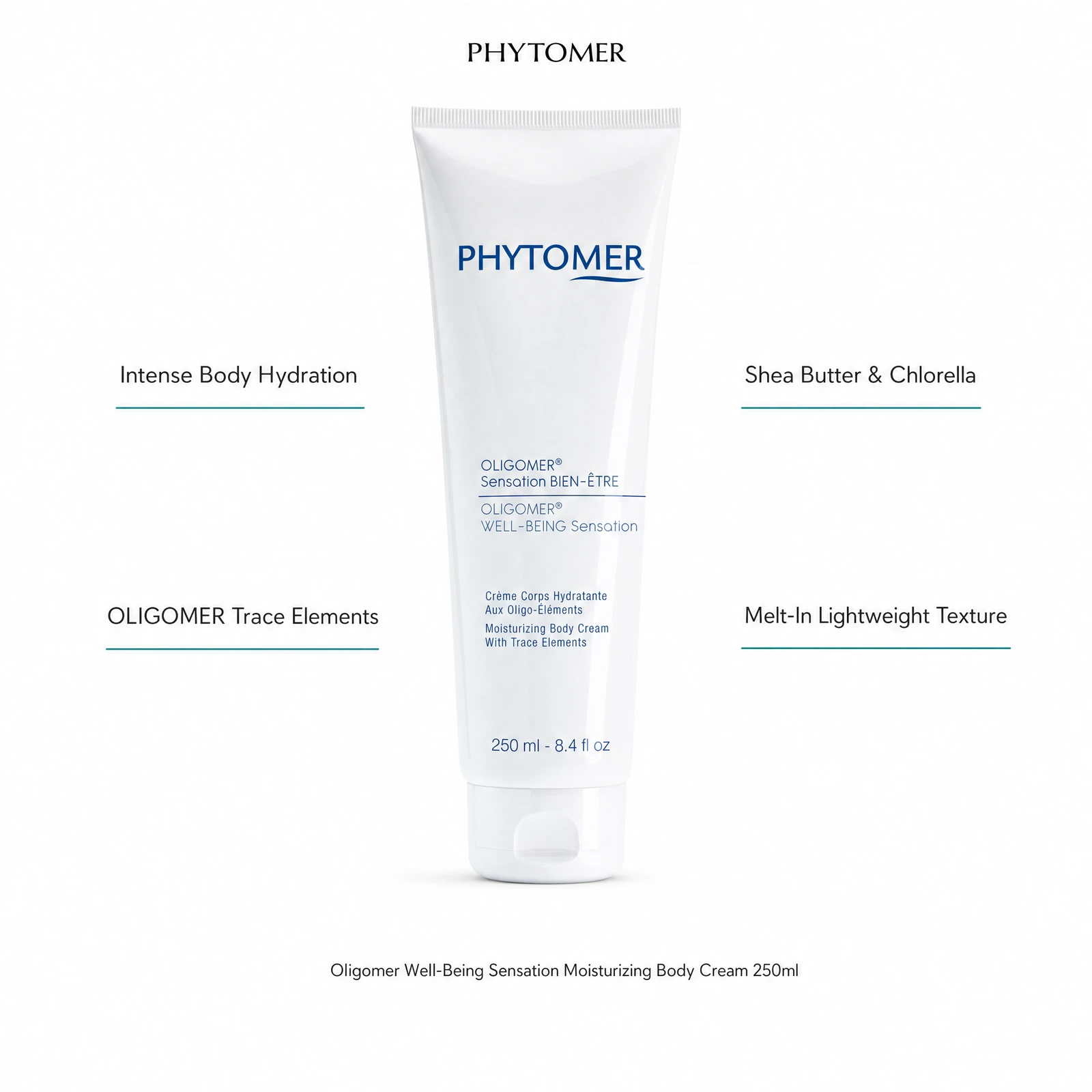 Phytomer Oligomer Well-Being Sensation Body Cream 250ml with four professional benefit callouts: Intense Body Hydration, OLIGOMER Trace Elements, Shea Butter and Chlorella, Melt-In Lightweight Texture