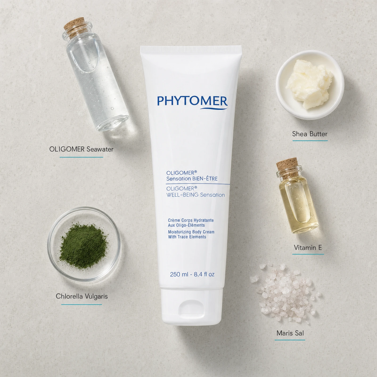 Phytomer Oligomer Well-Being Sensation Body Cream 250ml flatlay with key ingredients including OLIGOMER Seawater, Shea Butter, Chlorella Vulgaris, Vitamin E and Maris Sal